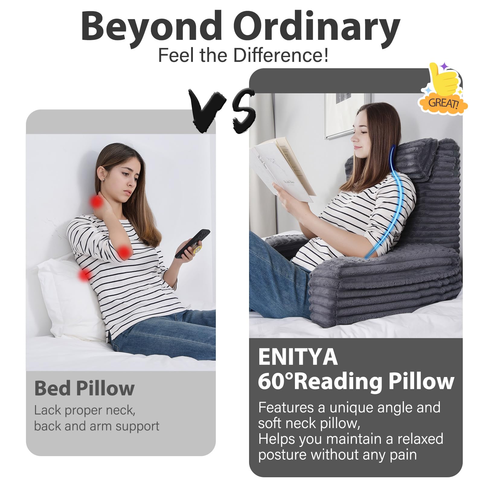 ENITYA XL Reading Pillow for Adults - Back Support Cushion for Sitting in Bed, Watching TV, Gaming, Reading & Post-Surgery Recovery - Dark Grey - Perfect for Relaxation, Comfort & Pain Relief