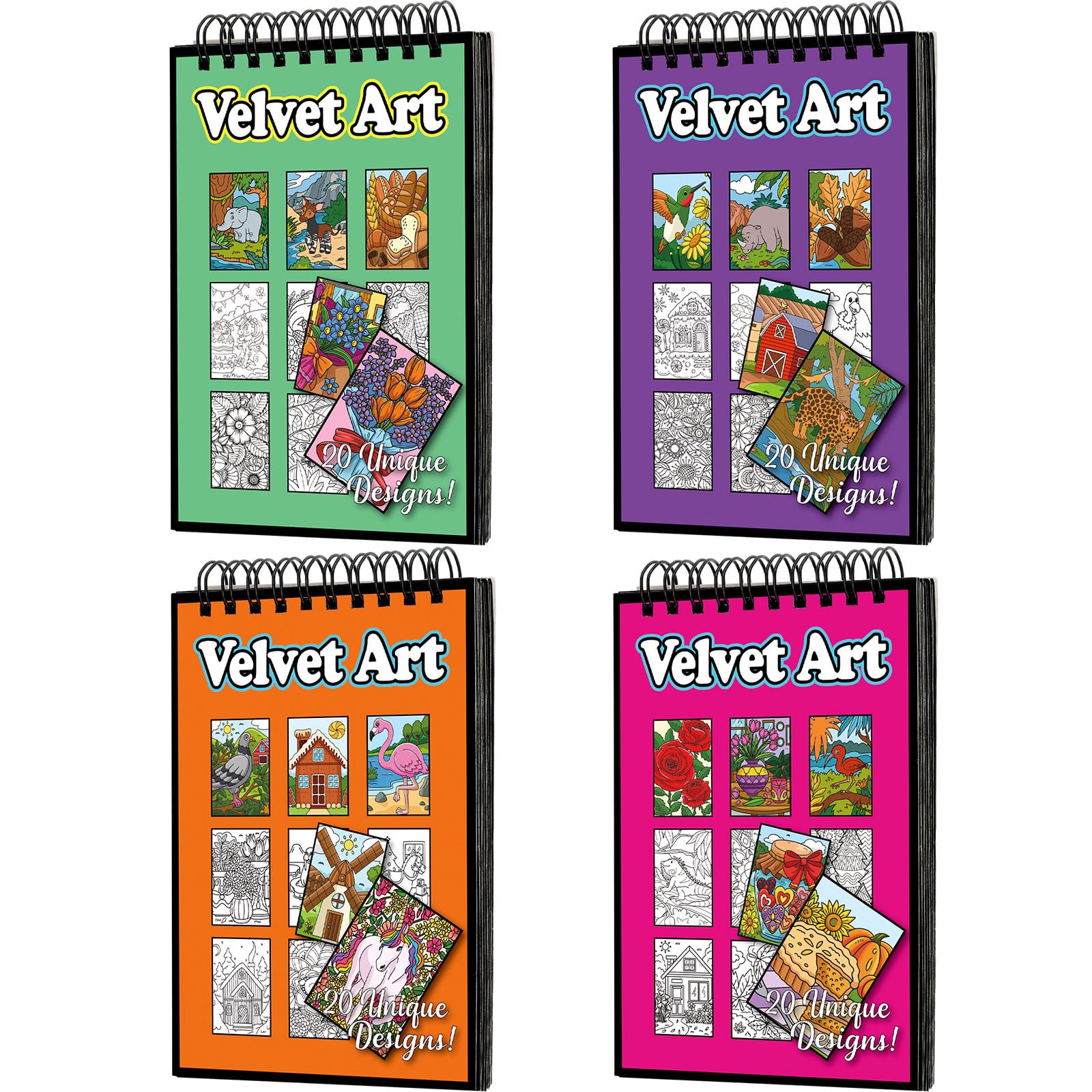 Jetec 4-Piece Velvet Art Coloring Books Set - Spiral Bound Felt Coloring Posters for Kids | Perfect for After School, Travel, Airplane Activities, Playdates & Group Coloring Fun