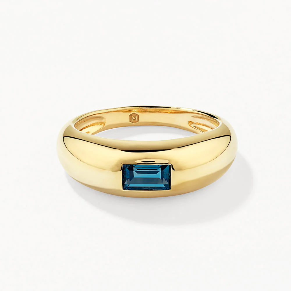 Exquisite Blue Topaz Baguette Curve Pinky Ring in 14K Gold - Elegant Stackable Jewelry for Women's Everyday Wear & Special Occasions