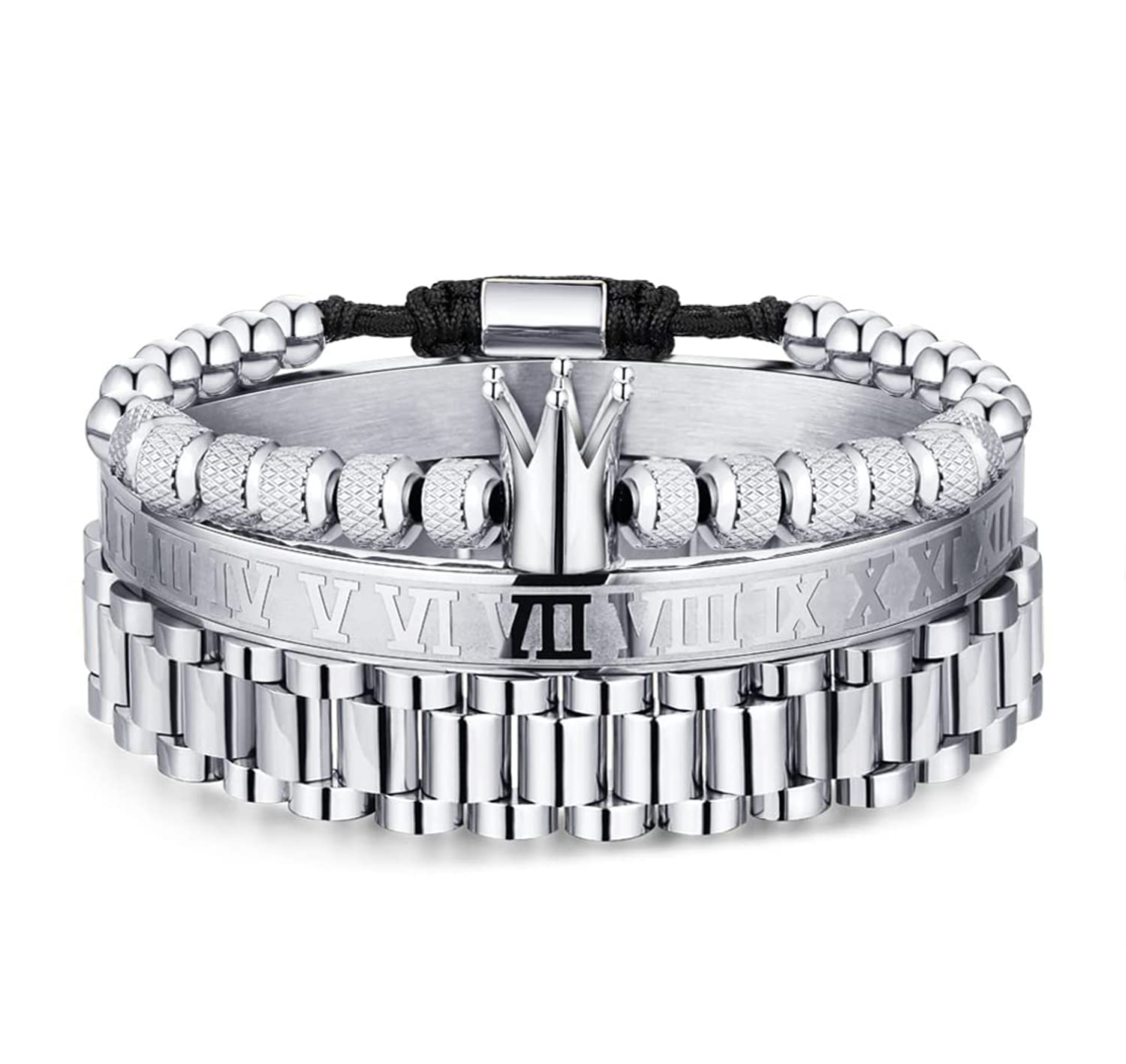 WFYOU 3-Piece Stainless Steel Bracelet Set for Men - Gold Roman Numeral, Twisted Cable & Adjustable Cuff Bracelets - Luxury Jewelry Gift Set for Him - Perfect for Weddings, Anniversaries & Formal Events