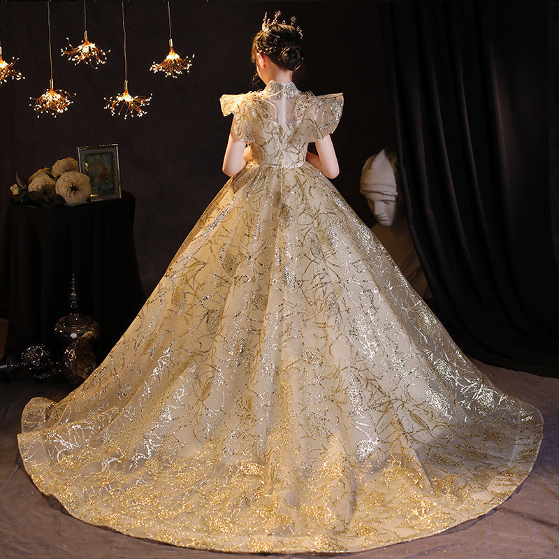 Sparkling Gold Sequin A-Line Flower Girl Dress with Beaded Details & Cap Sleeves – Perfect for Weddings, Pageants & Special Occasions