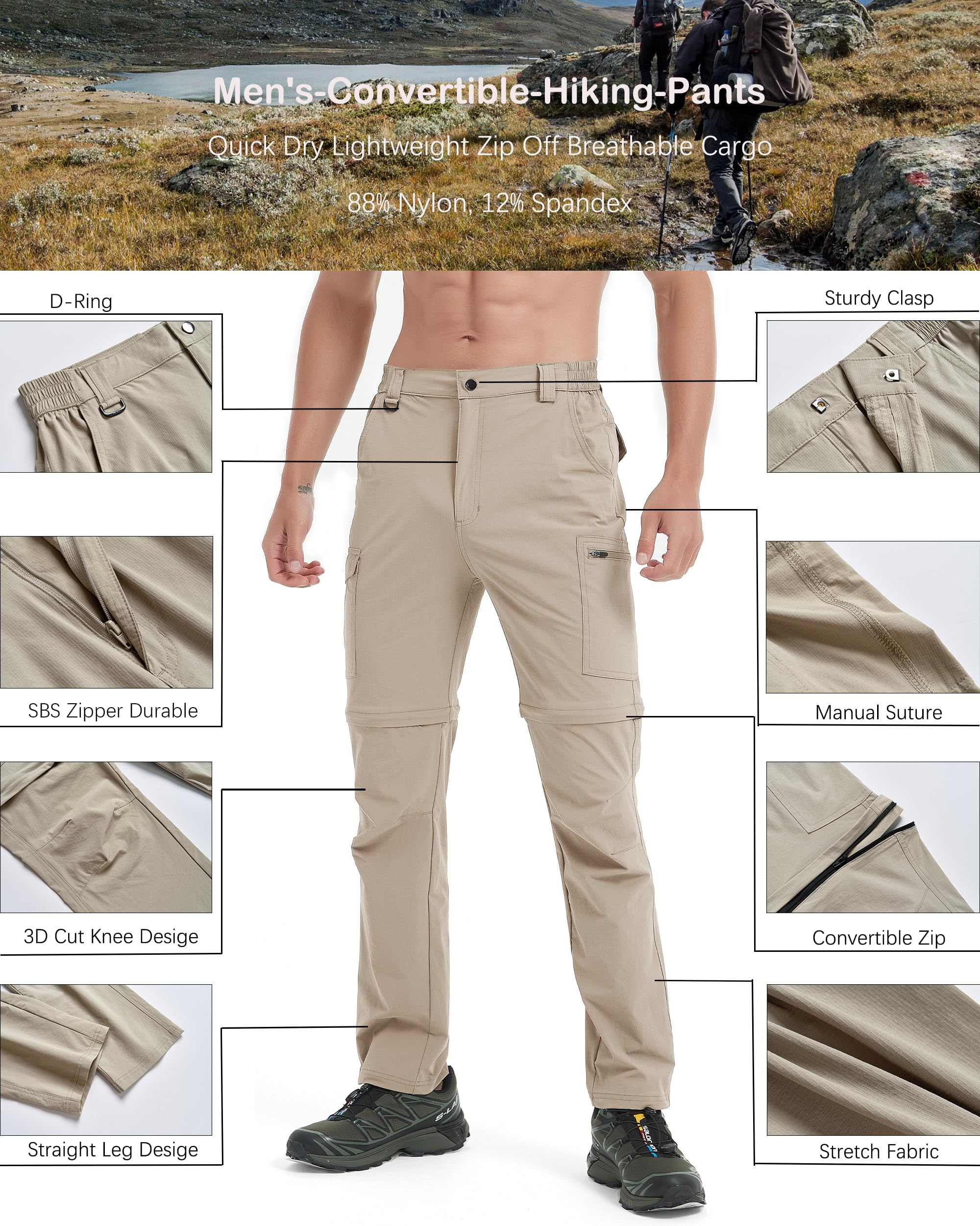 Men's Waterproof Quick Dry Hiking Pants - Convertible Zip Off Outdoor Cargo Pants for Fishing, Safari, Travel & Work - Lightweight & Durable for All-Weather Adventures
