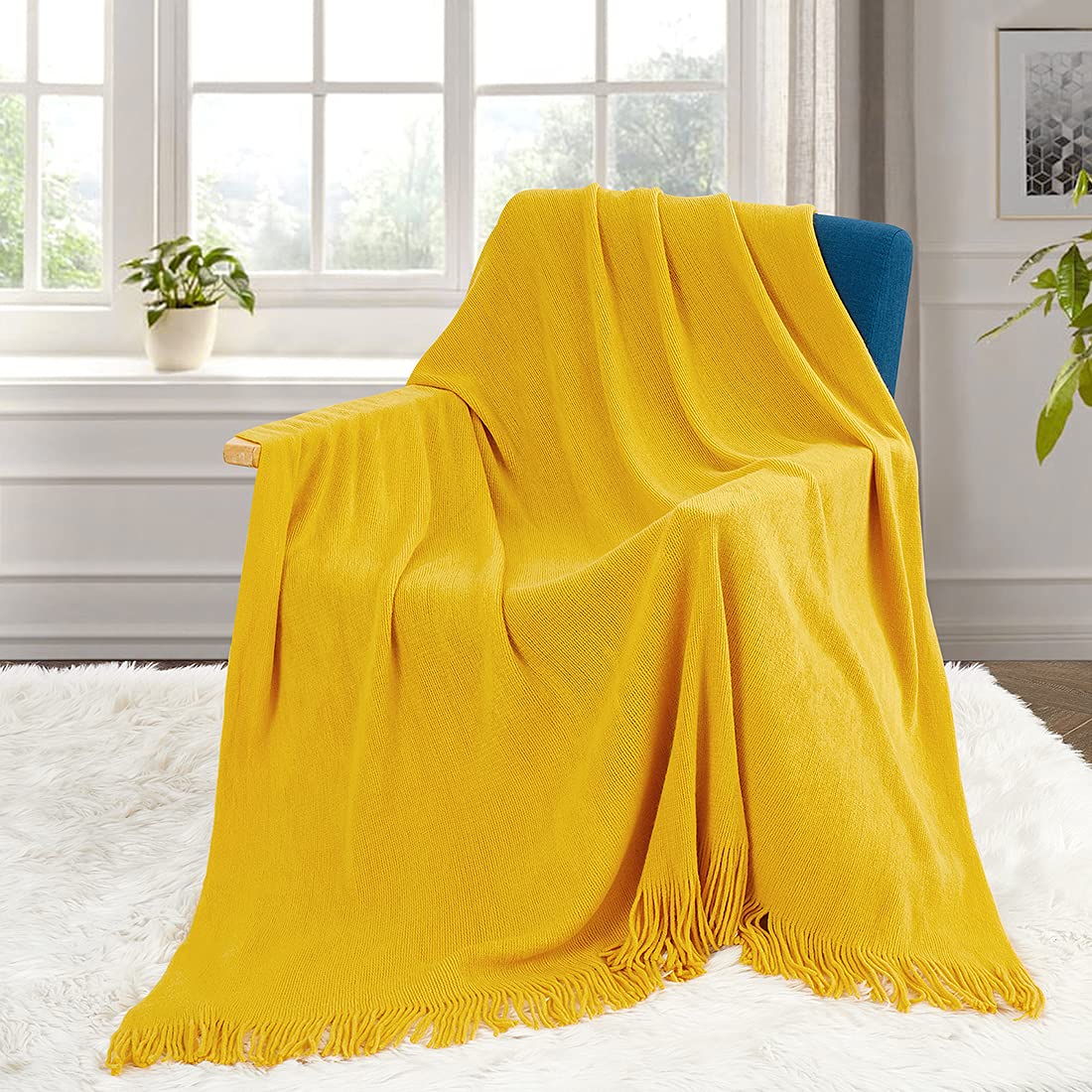 Homiest Decorative Knitted Throw Blanket with Fringe - Soft & Cozy Tassel Blanket for Couch, Sofa, Bed - Mustard Yellow, 50x60 Inches - Perfect for Living Room, Bedroom & Winter Snuggling