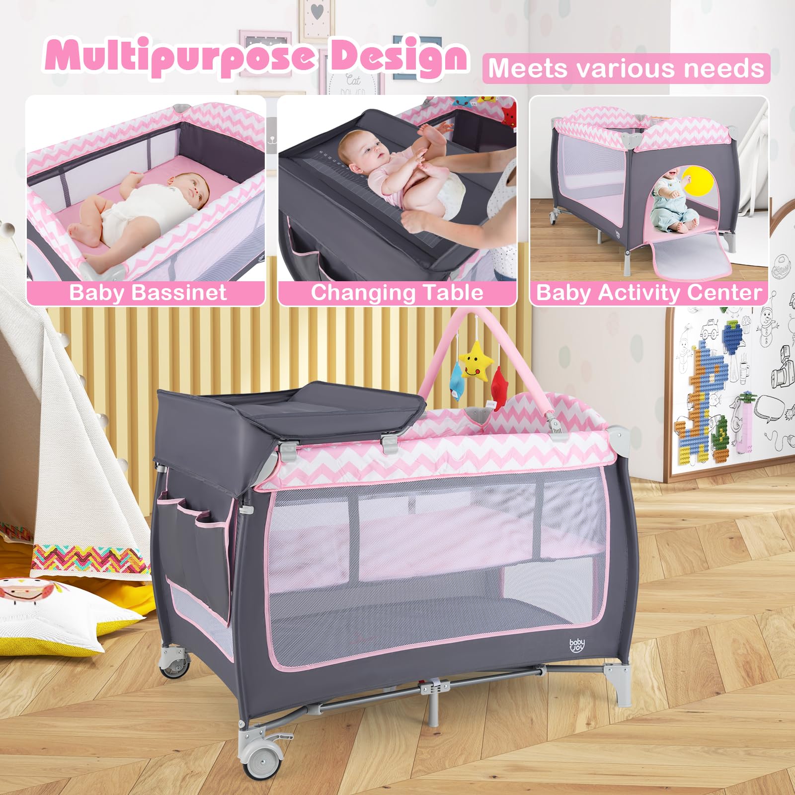 BABY JOY 4-in-1 Portable Playard with Bassinet, Changing Table & Toy Bar - Side Zipper Door, Lockable Wheels & Carry Bag - Indoor, Outdoor & Travel Nursery Center for Babies & Toddlers - Perfect for Home, Travel & Playtime