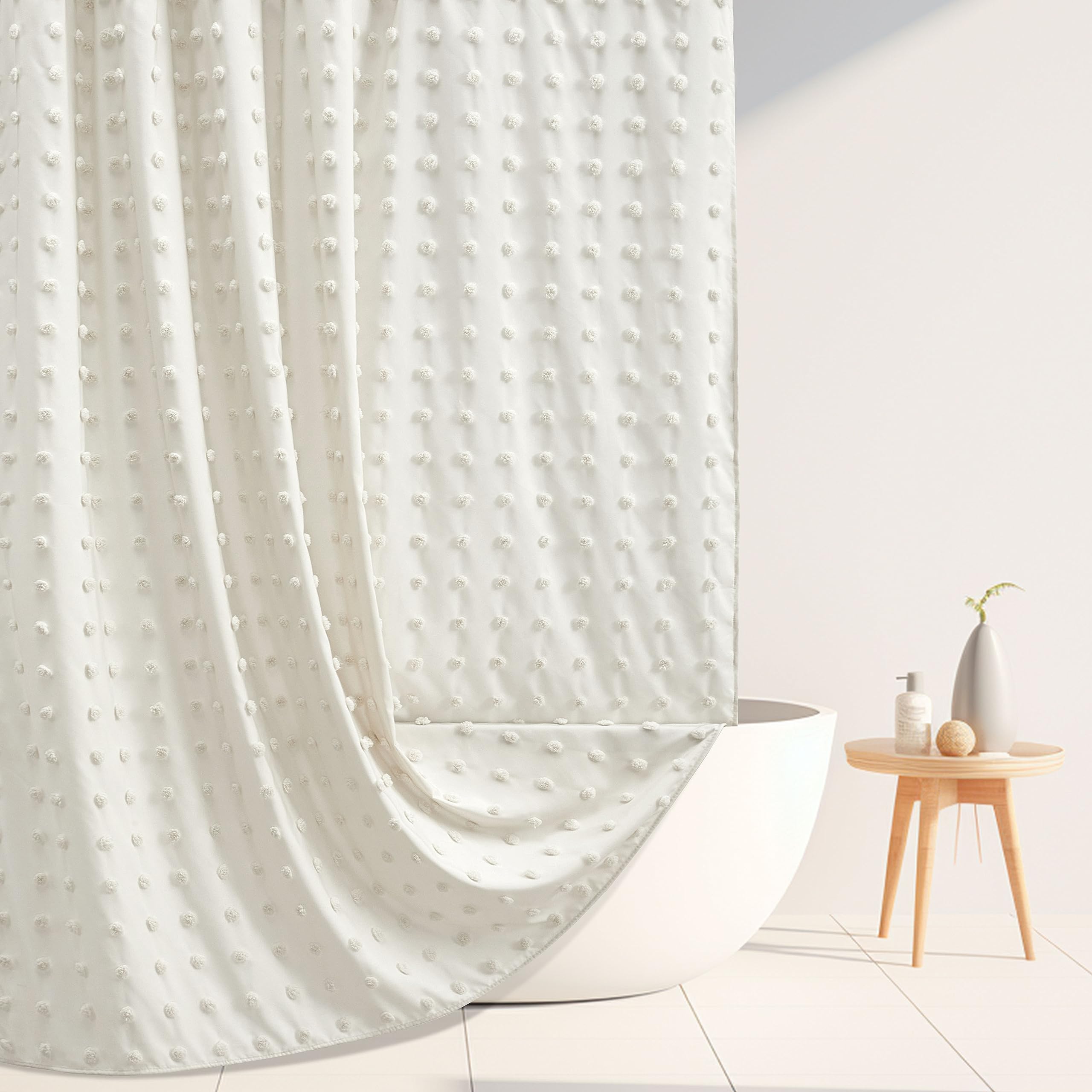 Boho Farmhouse Ivory Woven Fabric Shower Curtain - 72x72 Inches Textured Tufted Pleat Floral Design - Modern Minimalist Bathroom Decor with Hooks - Perfect for Farmhouse, Boho & Vintage Style Bathrooms