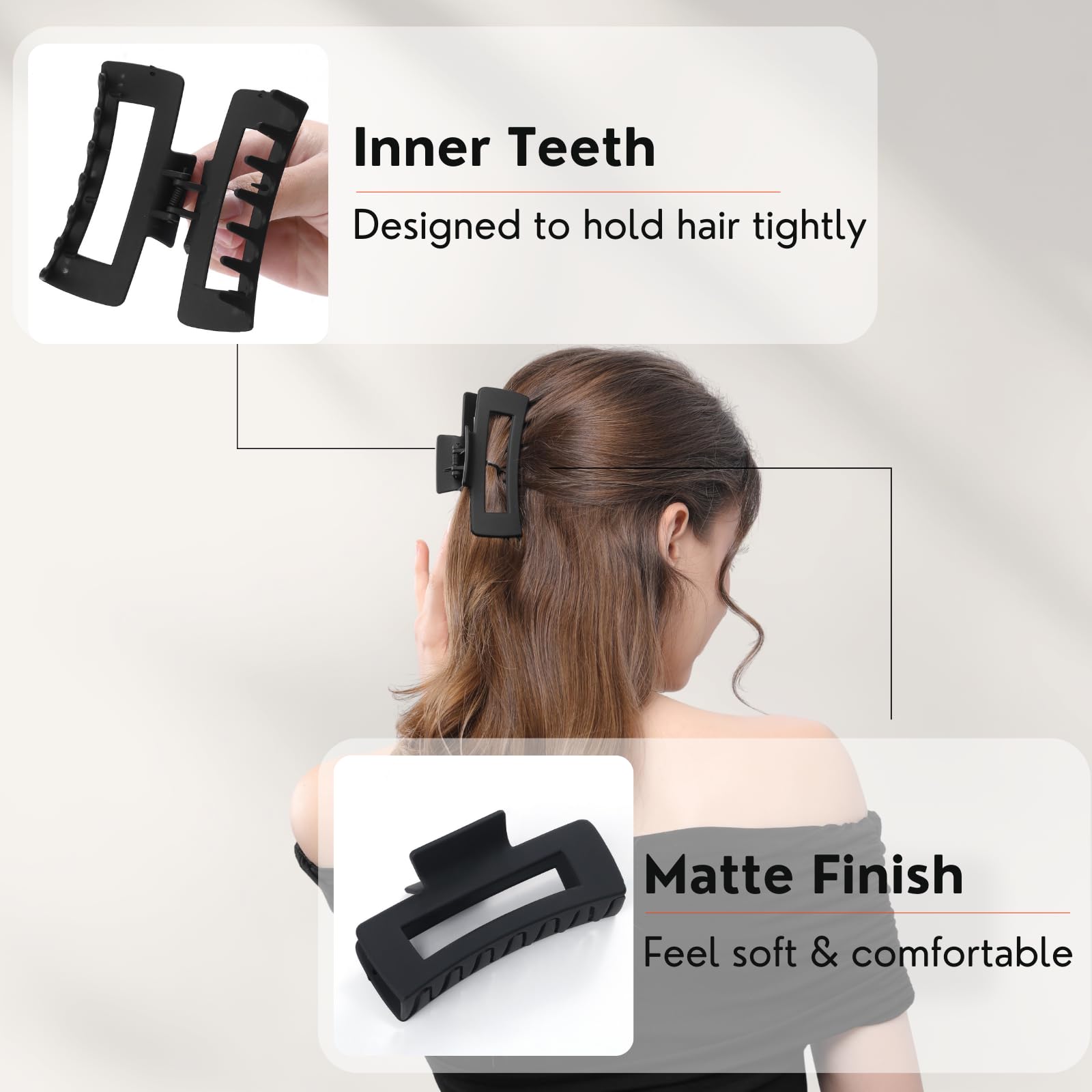 12 Pcs Black Large Square Hair Claw Clips for Women - 4.3 Inch Matte Rectangle Hair Claw Clips with Strong Hold & Non-Slip Grip for Thick & Thin Hair - Perfect for Updos, Ponytails & Everyday Hairstyles