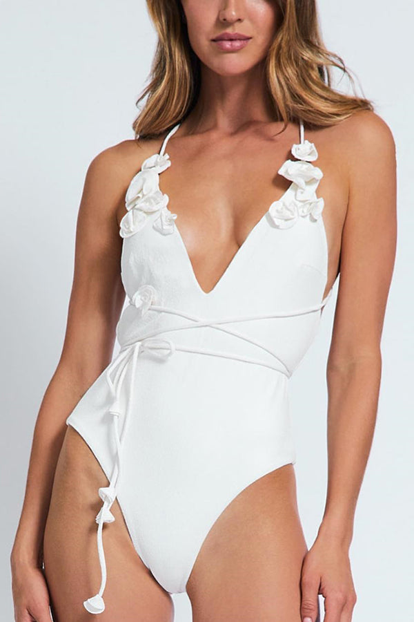 Solid Color Lace-Up Floral One Piece Swimsuit - Stretchy Comfort for Beach, Pool & Summer Vacations