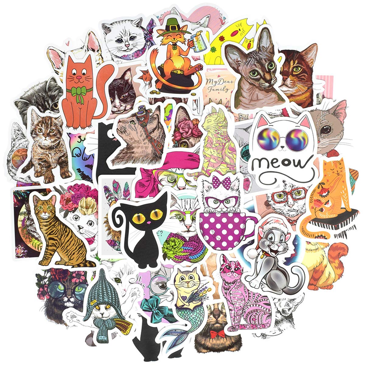 50Pcs Cute Cat Stickers for Kids & Adults - Waterproof Vinyl Decals for Water Bottles, Laptops, Notebooks & DIY Crafts - Perfect for School, Office & Home Decor