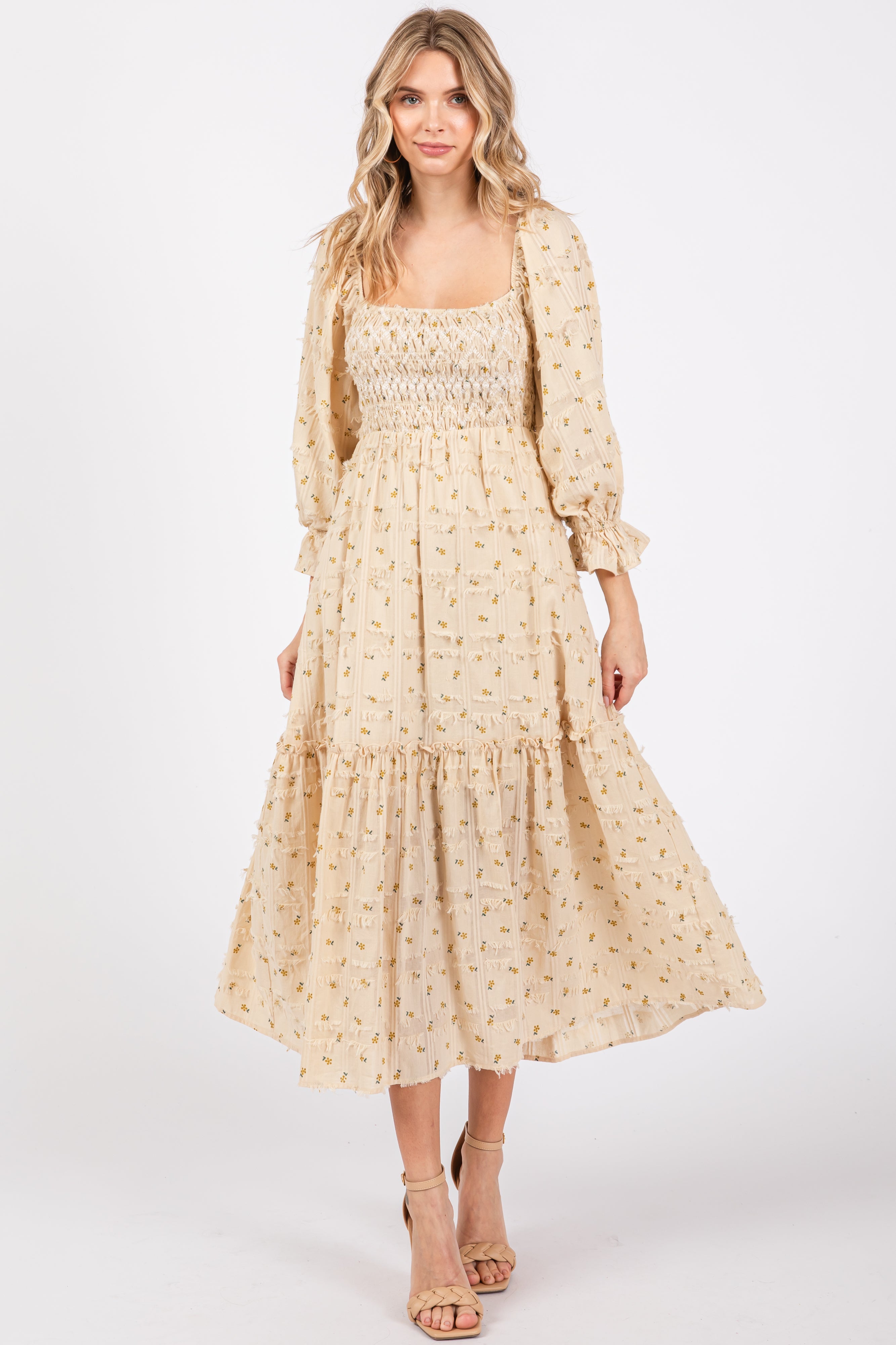 Beige Floral Print Square Neck Smocked Maternity Dress with Fringe Detail - Perfect for Baby Showers, Maternity Photos & Summer Outfits