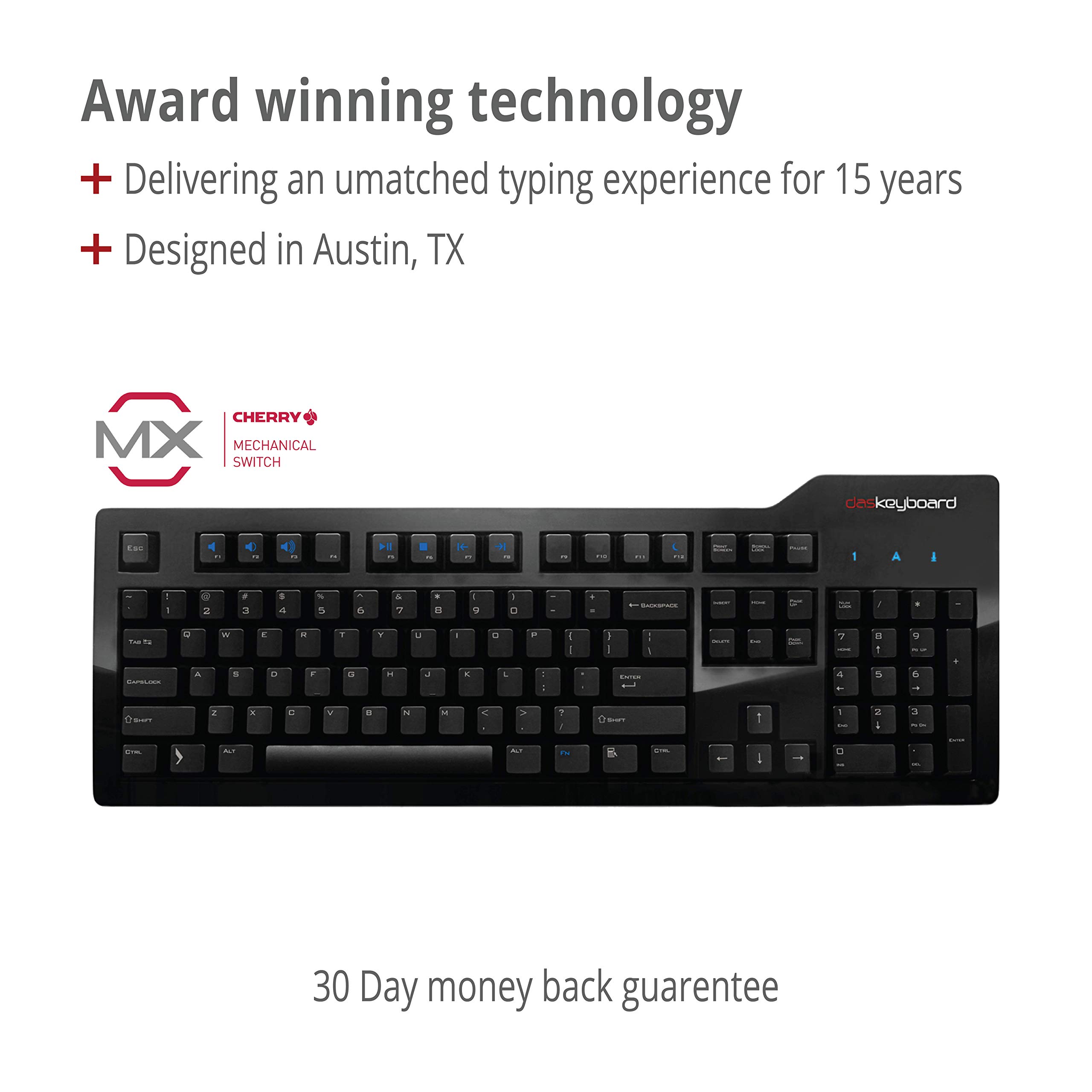 Das Keyboard Model S Wired Mechanical Keyboard with Cherry MX Blue Switches - 2-Port USB Hub & Laser Etched Keycaps (104 Keys, Black) - Perfect for Gaming, Programming & Office Work