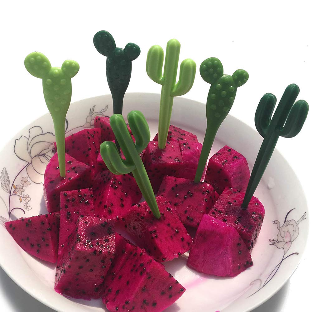 AKOAK 6-Piece Green Cactus Fruit Fork Set - Cute Kids Toothpick Cutlery for Desserts & Snacks - Eco-Friendly Children's Tableware for Parties, Picnics & Home Use