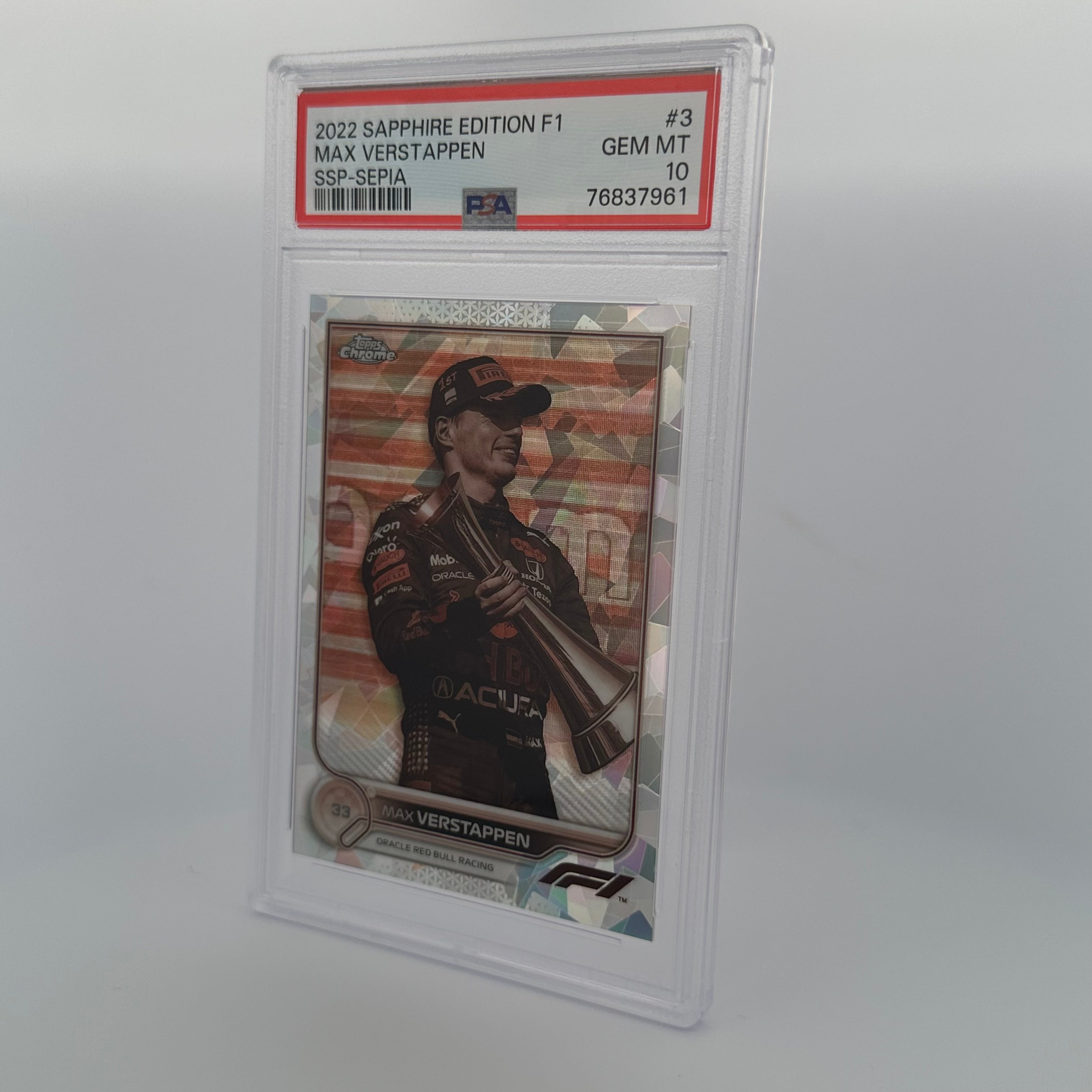 PSA 10 Graded 65/100 MAX VERSTAPPEN #3 SAPPHIRE EDITION SSP SEPIA Trading Card - Rare Collectible for F1 Fans & Sports Memorabilia Enthusiasts