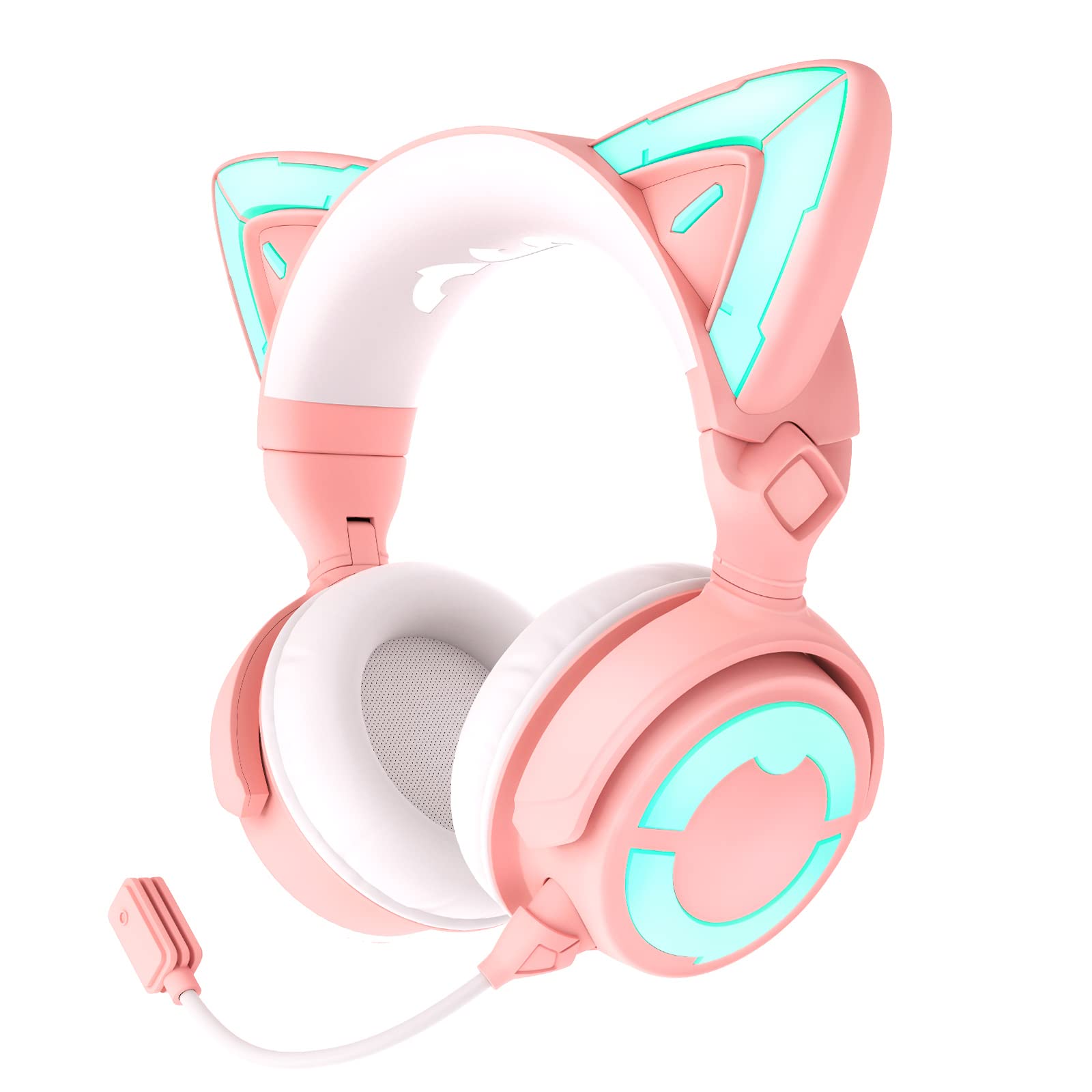 YOWU RGB Cat Ear Headphones 4 - Upgraded Wireless & Wired Gaming Headset with Detachable HD Mic, Active Noise Cancelling, Dual-Channel Stereo & Customizable LED Effects via App (Pink) - Perfect for Gaming, Streaming, Music & Cosplay