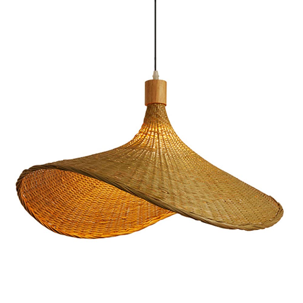 Handmade Bamboo Rattan Chandelier - Adjustable Cord Ceiling Pendant Light Fixture E26 Base | Nordic Wicker Lamp for Living Room, Bedroom, Staircase & Porch Lighting | Chinese-Style Natural Fiber Straw Hat Design