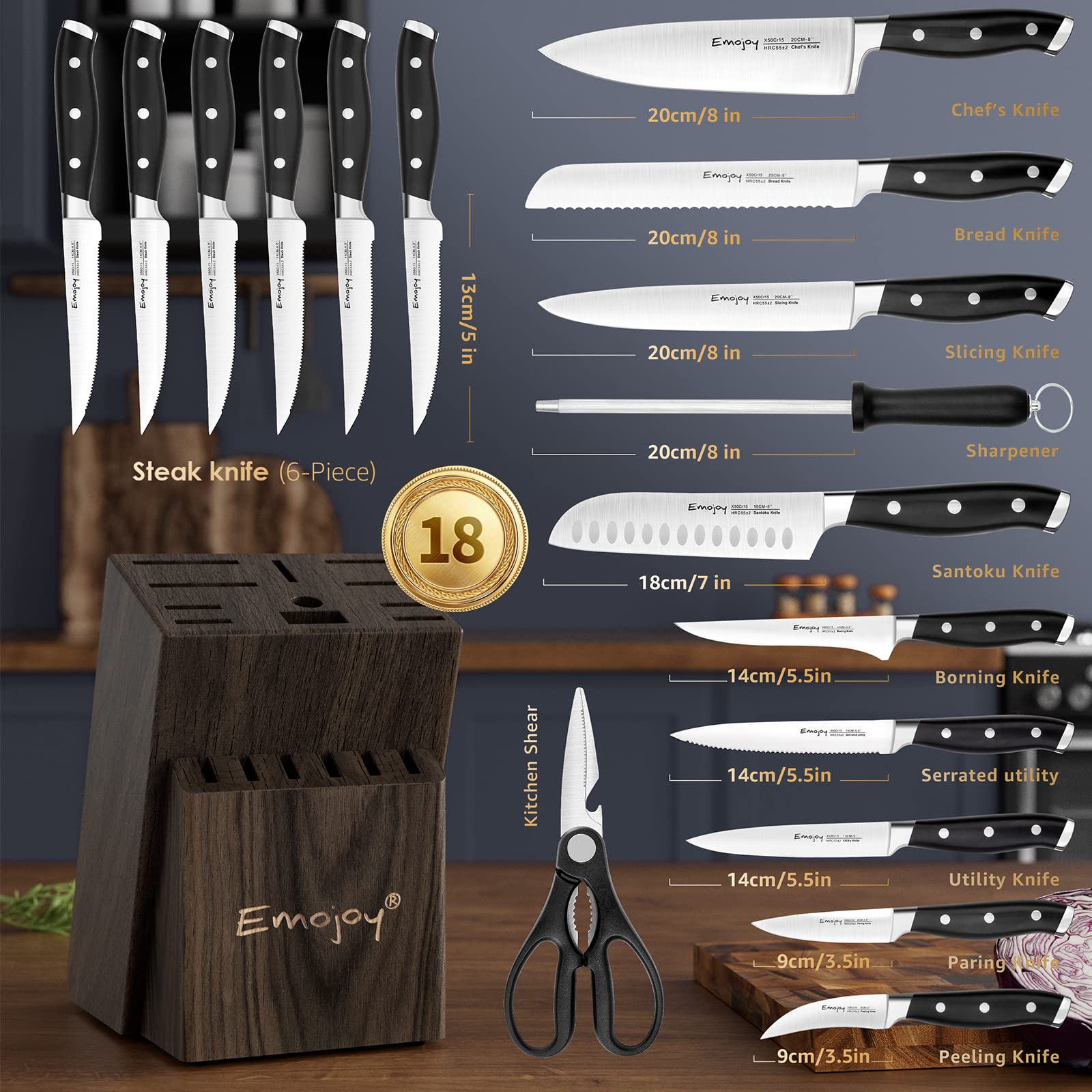18-Piece Emojoy Professional Kitchen Knife Set with Wooden Block - German Stainless Steel Chef Knives with Manual Sharpener - Perfect for Home Cooking, Restaurant Use & Gift Giving