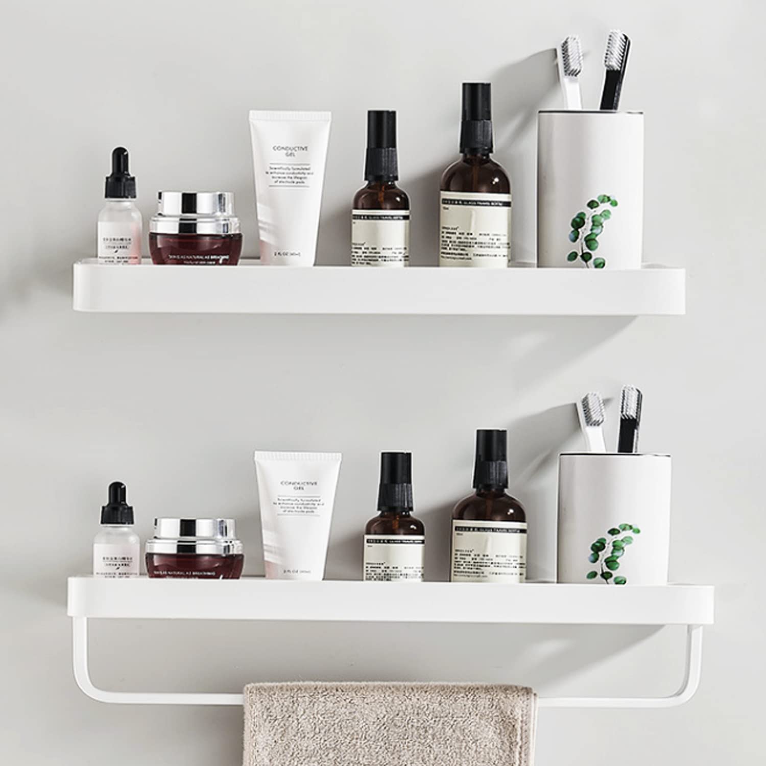 15.7in White Tempered Glass Bathroom Shelves with Towel Bar - 2 Tier Wall Mounted Storage Organizer for Towels, Toiletries & Bath Essentials - Perfect for Small Bathrooms, Showers & Vanity Areas