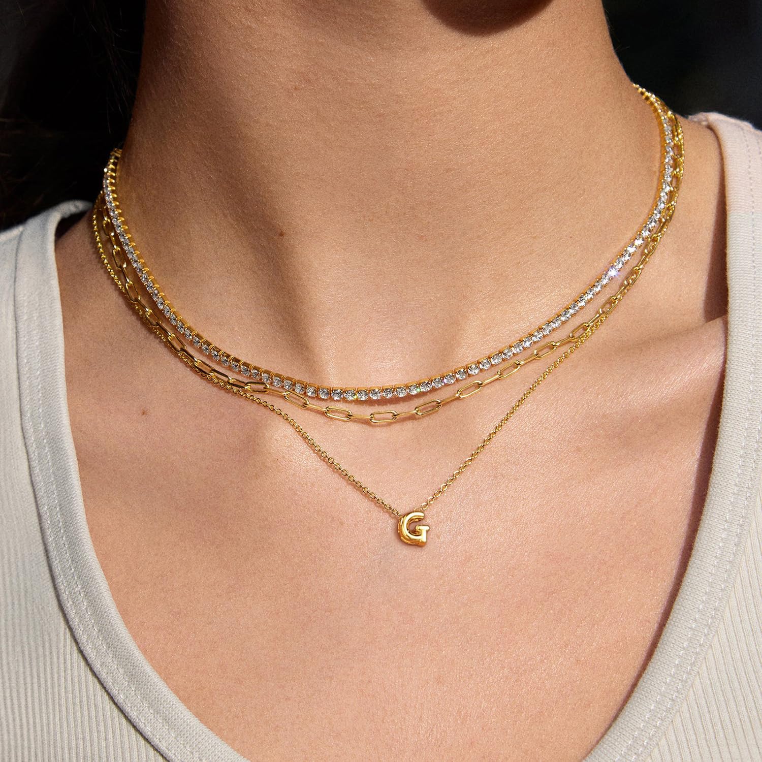 14K Gold Plated Layered Initial Necklace for Women - Personalized A-Z Bubble Letter Pendant, Dainty Choker, Stackable Name Jewelry - Perfect for Everyday Wear, Gifts, and Trendy Layered Looks