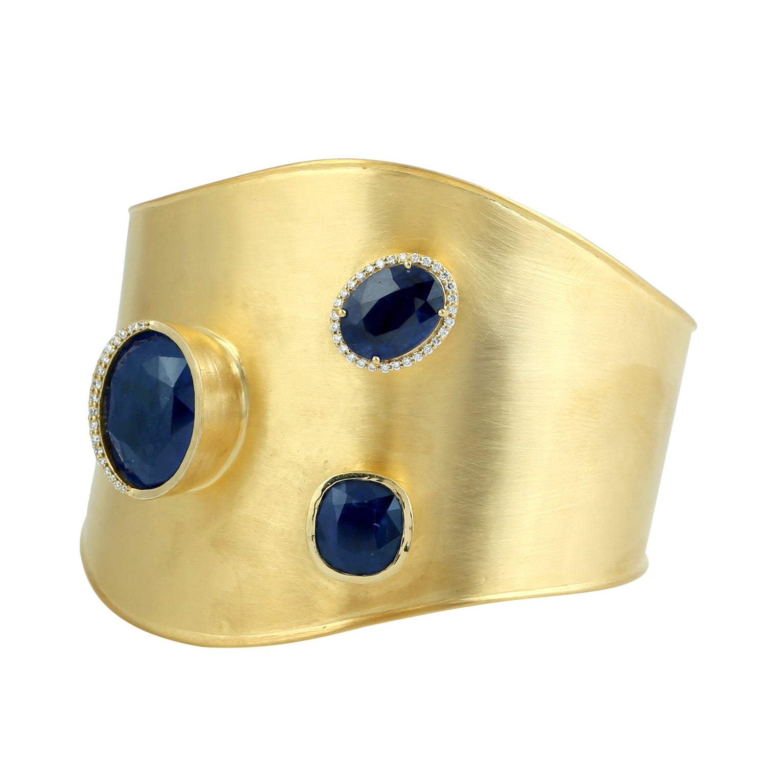 18K Yellow Gold Bezel Set Blue Sapphire & Pave Diamond Designer Cuff Bracelet - Perfect for Weddings, Anniversaries & Special Occasions