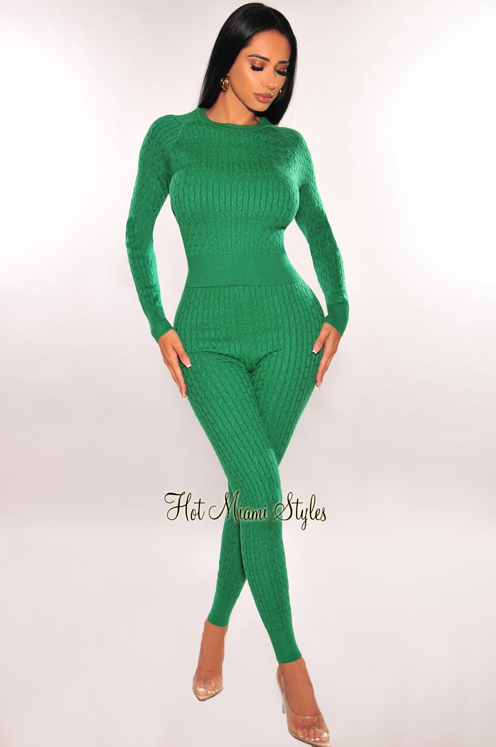 Women's Green Cable Knit Sweater and Pants Two-Piece Set - Cozy Winter Outfit for Casual Wear & Holiday Gatherings