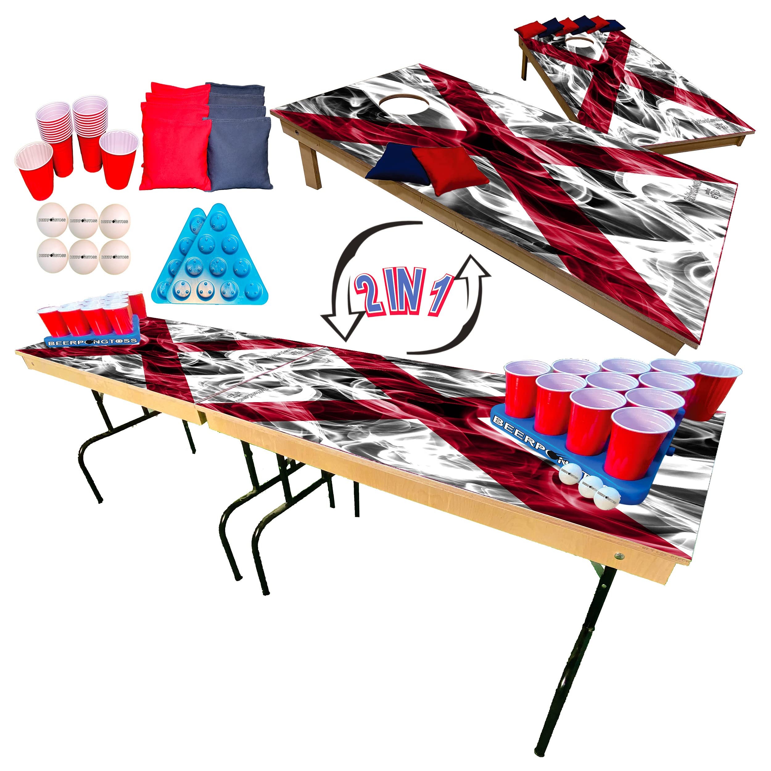2-in-1 Cornhole & Tailgate Pong Game Table Set with Alabama State Flag Design - 8ft Foldable Table, 2 Cornhole Boards (4x2ft), 8 Bags, 22 Cups, 6 Balls & 2 Racks - Perfect for Tailgating, College Parties, Backyard BBQs and Outdoor Games