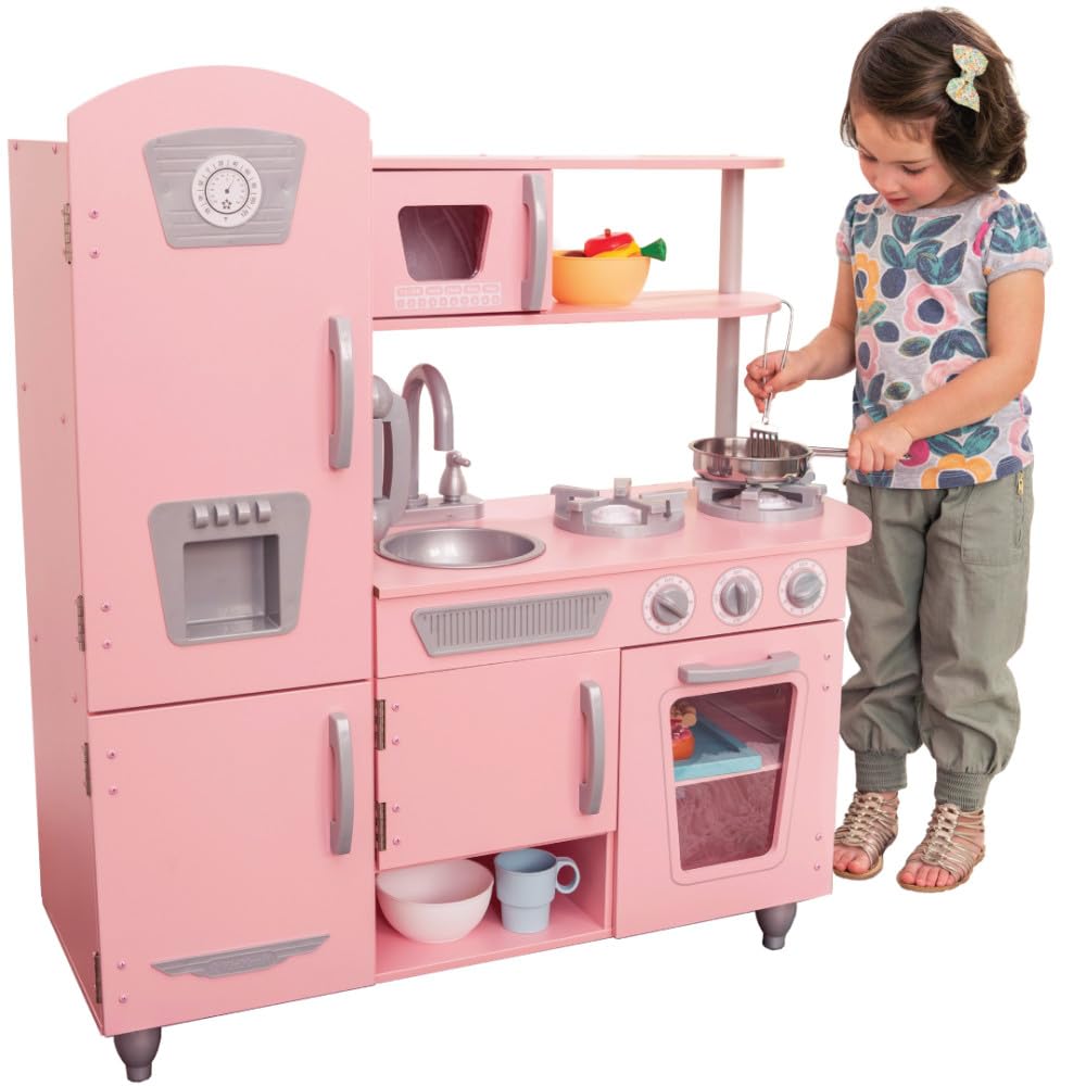 KidKraft Vintage Wooden Play Kitchen Set for Kids - Pretend Ice Maker & Play Phone Included, Pink Toy Kitchen for Pretend Cooking & Role Play - Perfect for Preschoolers & Toddlers Indoor Play