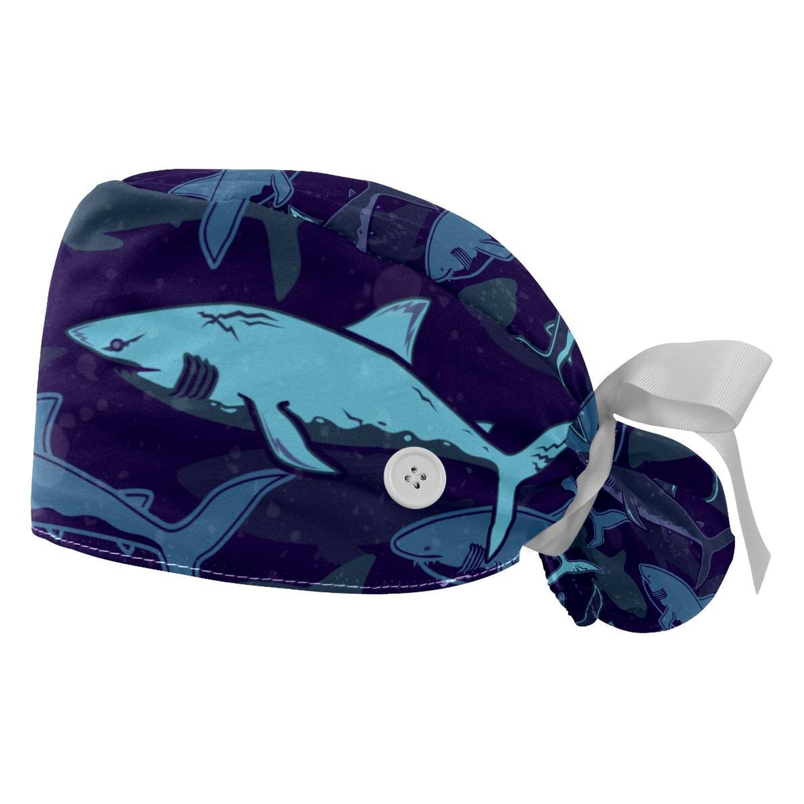 Cute Sea Mermaid Scrub Hats for Women & Men - 2 Pack Long Hair Working Caps with Button & Sweatband, Unisex Tie Back Surgical Hats for Nurses, Doctors, Chefs & Healthcare Professionals - Perfect for Hospitals, Kitchens & Medical Work
