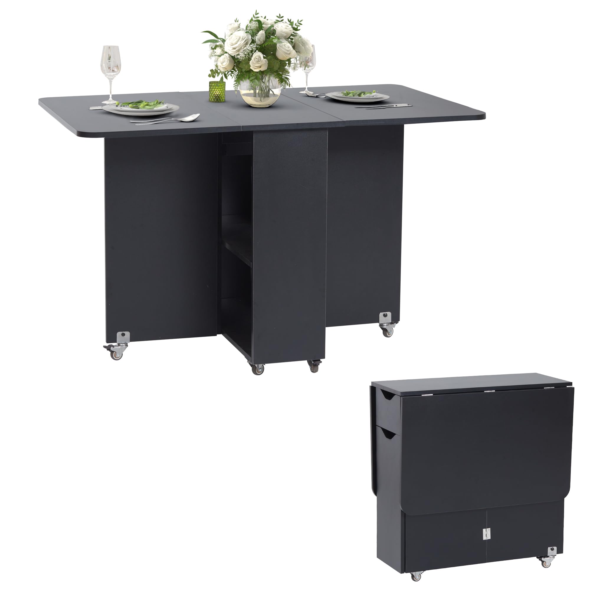 Space Saving Drop Leaf Folding Dining Table with Lockable Wheels & Storage Drawer - Extendable Kitchen Table for Small Apartments, Breakfast Nook, Studio Living & RV Homes