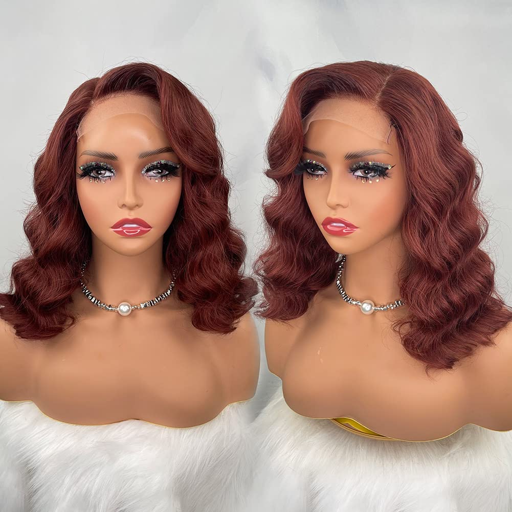 Brazilian Human Hair Bob Wig 14 Inch - Reddish Brown Auburn Lace Front Wig with 5x5 Glueless Closure, Pre-Plucked Body Wave for Black Women | Perfect for Daily Wear, Parties & Protective Styling