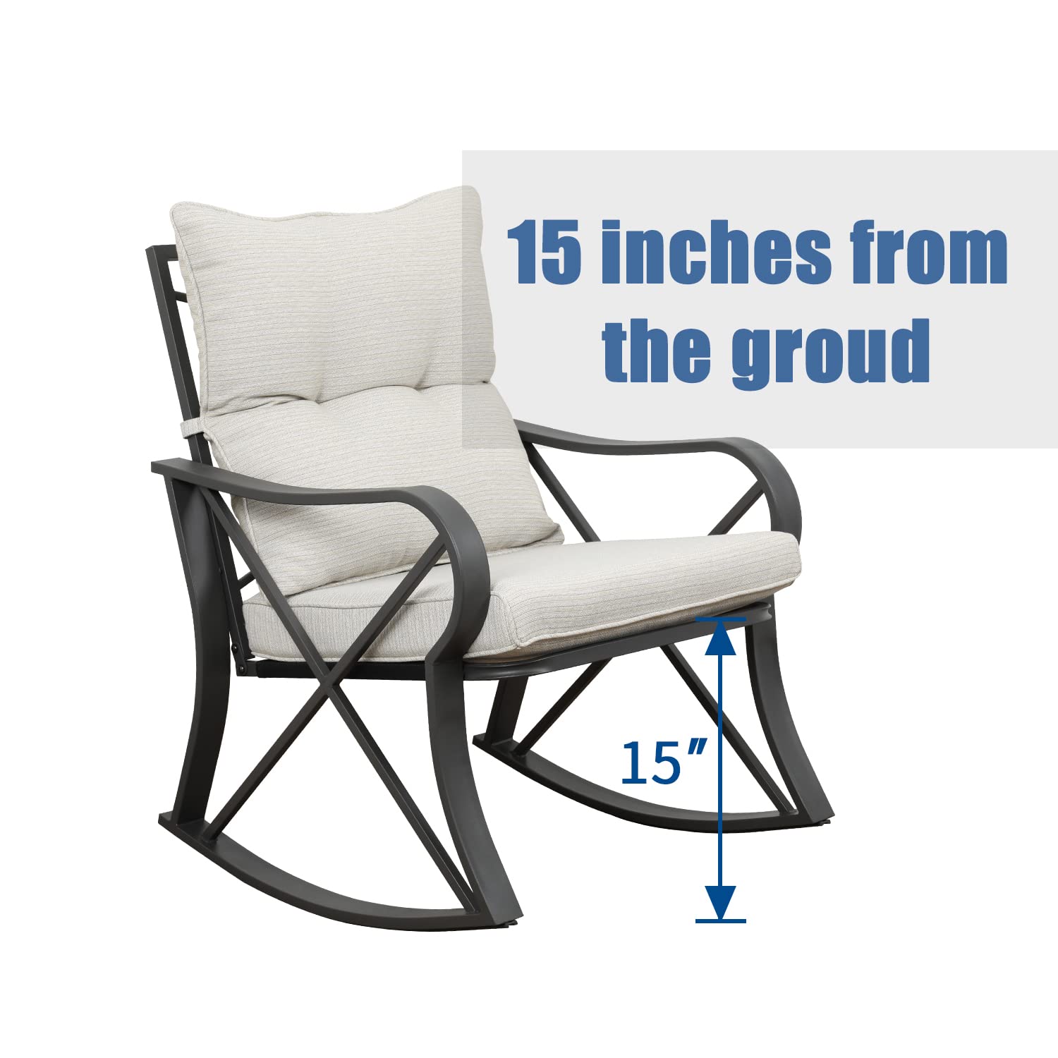 SUNBURY 3-Piece Outdoor Rocking Bistro Set with Light Beige Cushions & Glass Coffee Table - Patio Furniture for Garden, Yard, or Balcony - Perfect for Relaxing, Entertaining & Enjoying Morning Coffee