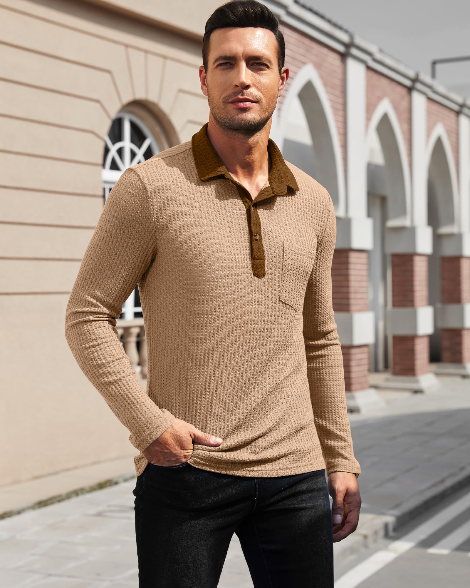 Men's Slim Fit Long Sleeve Knit Polo Shirt - Lightweight Waffle Texture Casual Shirt with Pocket | Perfect for Office Wear, Business Casual & Weekend Outings