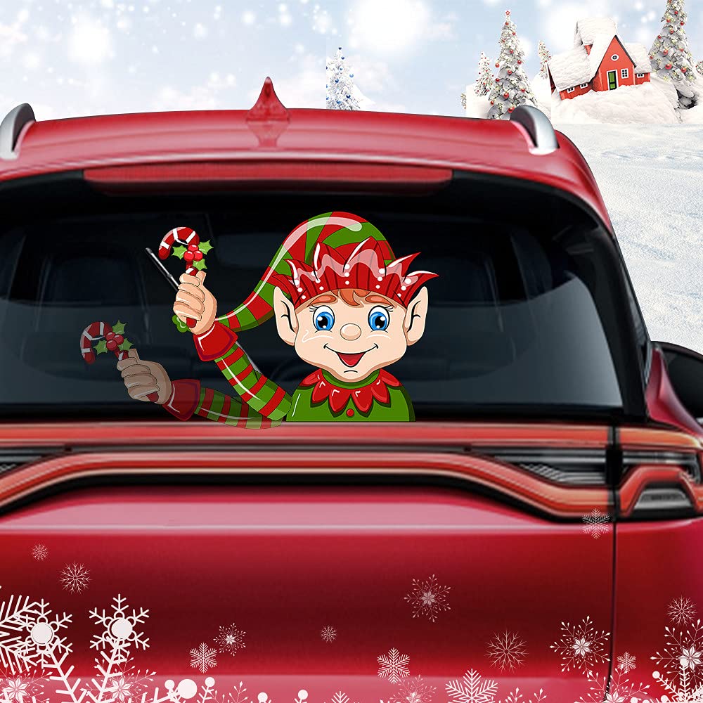 Funny Christmas Elf Waving Arm Car Wiper Decal - Waterproof Rear Windshield Wiper Blade Sticker for Cars (Long Hat Elf Design) - Perfect for Holiday Car Decorations & Christmas Party Vehicle Accessories