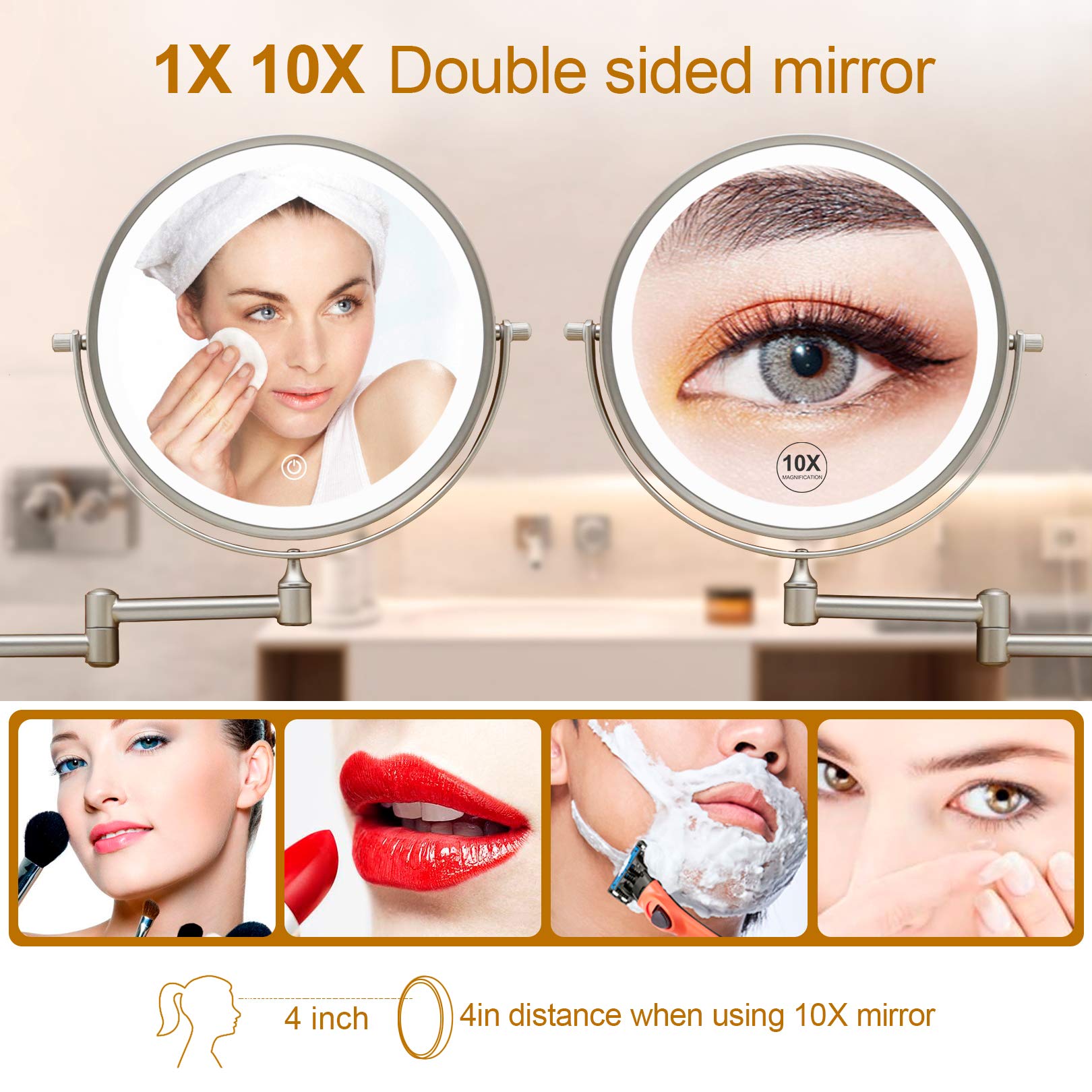 FASCINATE 8'' Rechargeable LED Makeup Mirror - Wall Mounted & Extendable Vanity Mirror with 1X/10X Magnification, 3 Color Lighting Modes & Touch Dimming - Perfect for Bathroom, Bedroom & Dressing Room Makeup Application