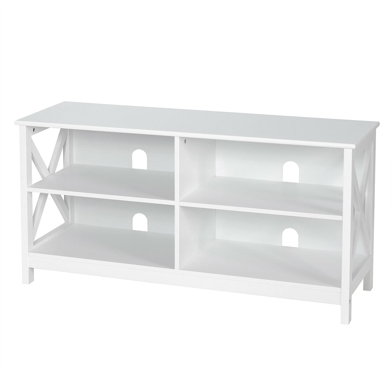 White TV Stand Entertainment Center with 4 Open Shelves - Holds DVD Player, Gaming Console, Cable Box, Books & Plants - Wire Management Holes & Large Tabletop Fits 55