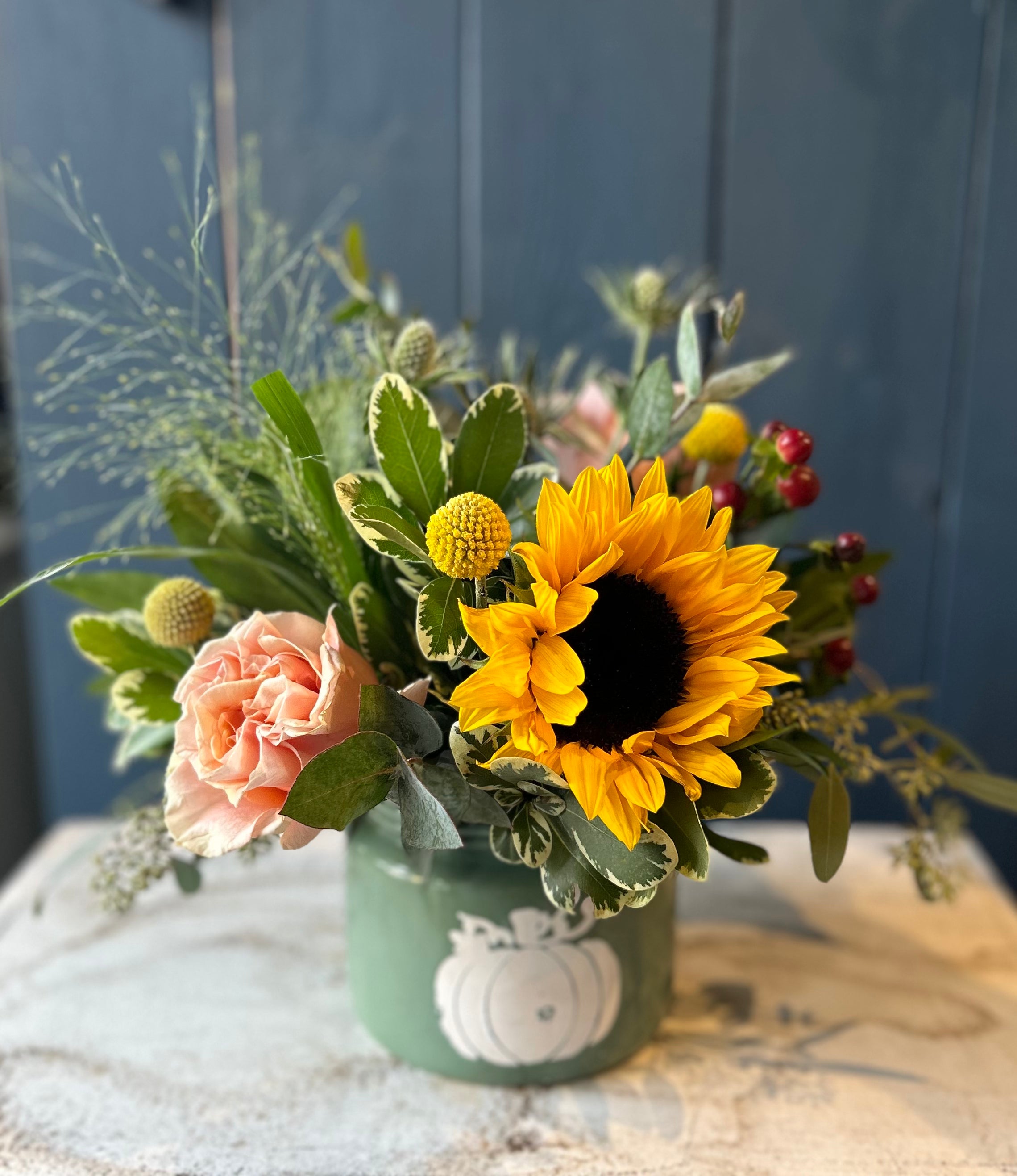 Blue Pumpkin Flower Pot with Seasonal Blooms - Perfect for Home Decor, Garden, and Holiday Gifts
