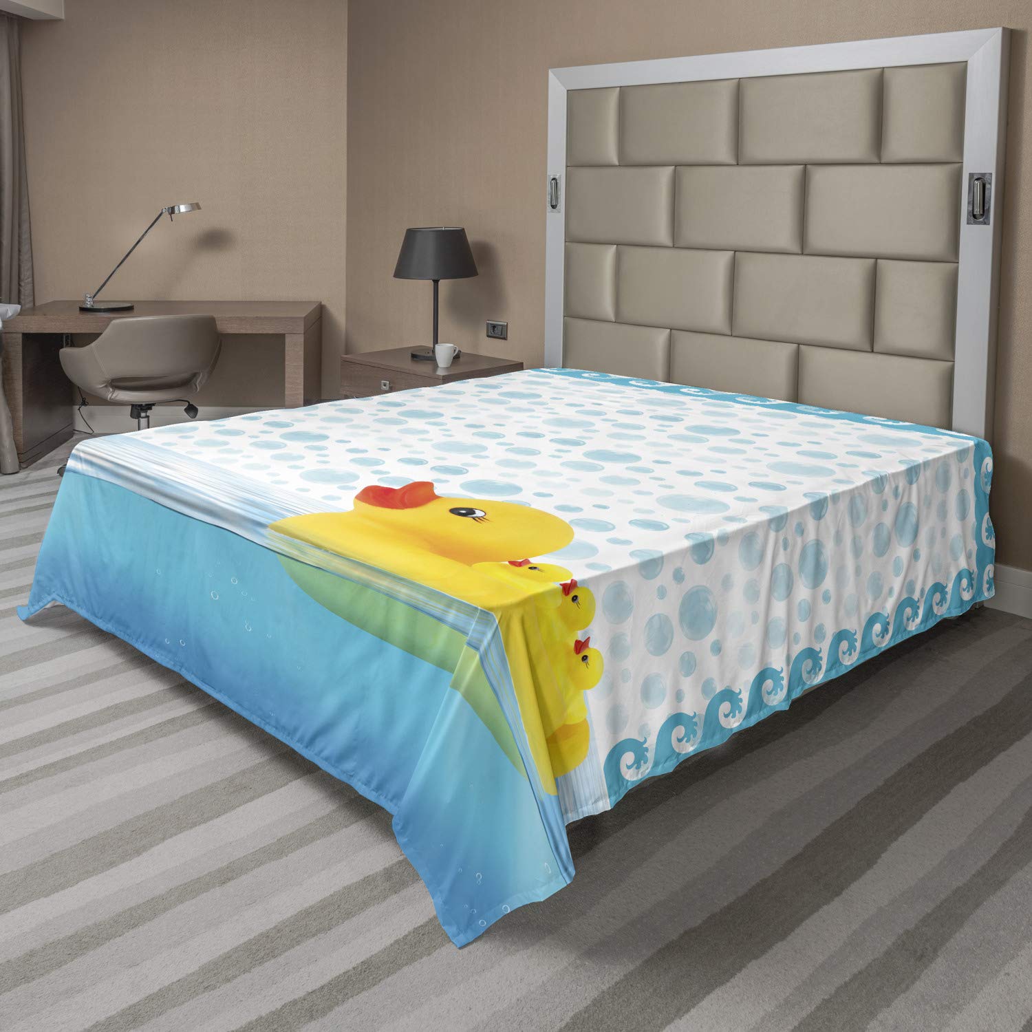Ambesonne Yellow Duck King Size Flat Sheet - Funny Swimming Rubber Duck with Bubbles & Waves Print - Soft Comfortable Decorative Bedding for Kids Room, Nursery or Beach House - Sky Blue Yellow White