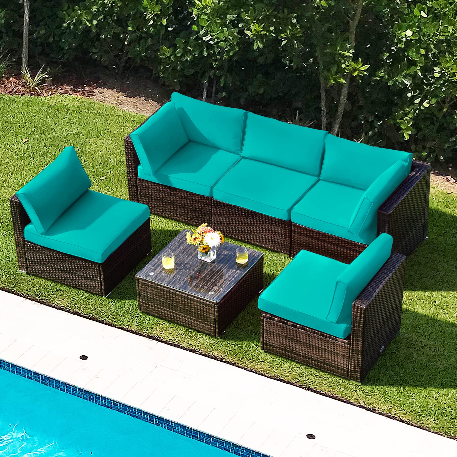Tangkula 6-Piece Outdoor Patio Furniture Set - All-Weather Wicker Sofa with Cushions & Glass Coffee Table - Rattan Sectional Conversation Set for Backyard, Garden, Poolside & Deck (Beige)