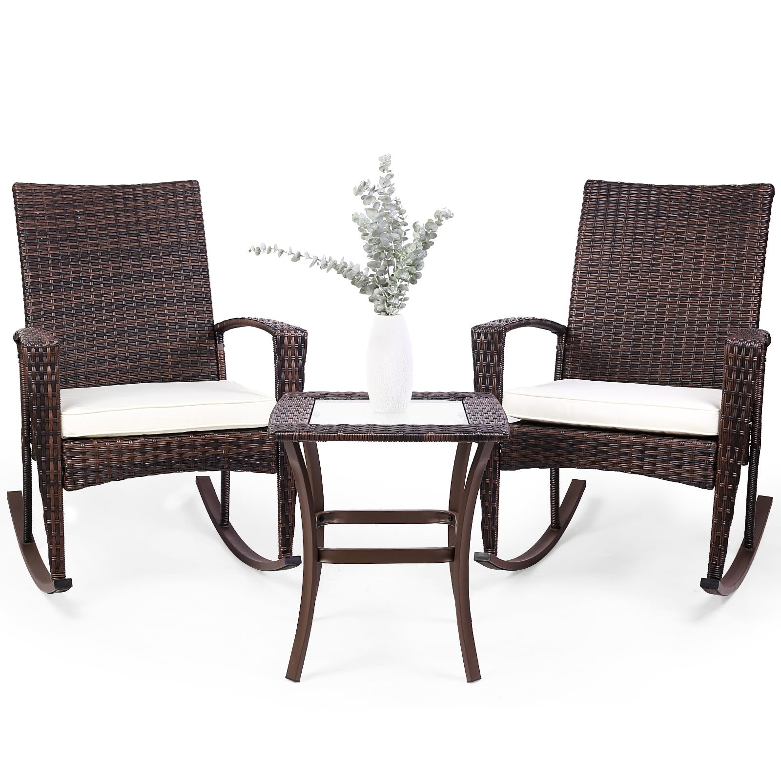 Niubya 3-Piece Wicker Rocking Chair Patio Set - Outdoor Rattan Bistro Conversation Set with Cushions & Coffee Table in Beige/Brown - Perfect for Garden, Porch, Backyard & Poolside Relaxation