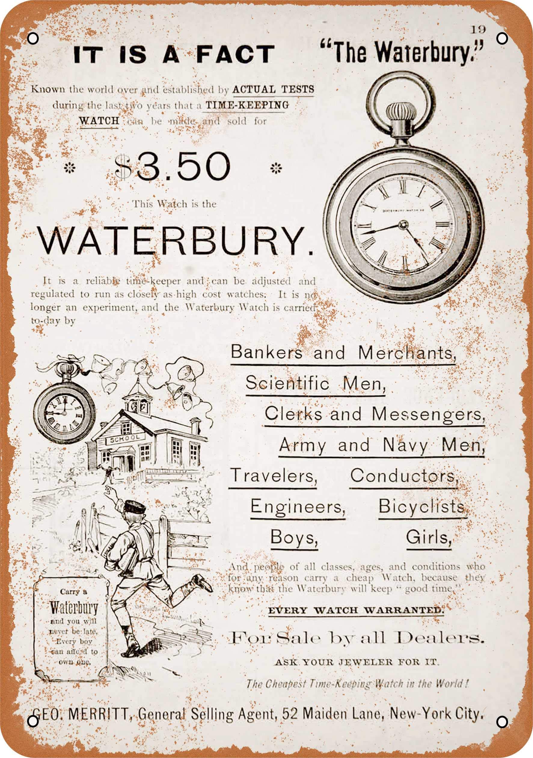 9 x 12 Inch Vintage 1885 Waterbury Pocket Watch Metal Wall Sign - Rustic Home Decor, Man Cave, Bar, Office & Vintage Collectibles Display