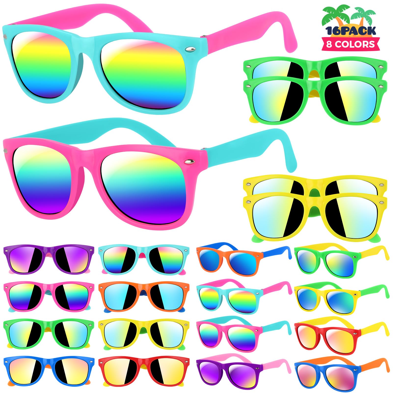 **GIFTINBOX 16-Pack Kids Sunglasses Bulk – Neon Sunglasses for Boys & Girls Ages 3-8 – Perfect for Birthday Parties, Beach, Pool, Summer & Outdoor Activities**