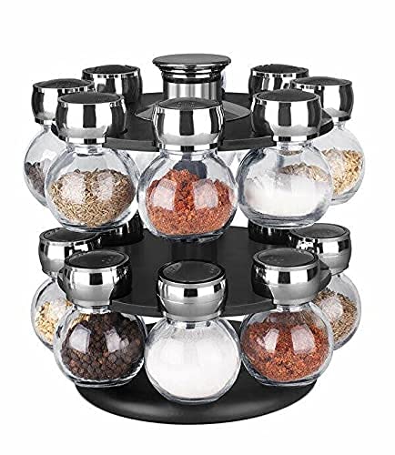 16-Piece Revolving Spice Rack Organizer Set - Black Kitchen Cabinet Storage Solution for Spices & Seasonings | Perfect for Pantry Organization & Cooking Essentials Storage