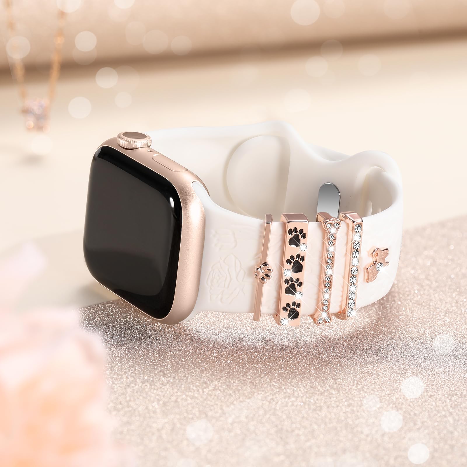 DaQin Floral Engraved Apple Watch Band - Soft Silicone Strap with Charms for Women - Compatible with iWatch Series 9/8/7/6/5/4/3/2/1/SE (38mm/40mm/41mm/42mm/44mm/45mm) - Perfect for Workouts, Office Wear & Fashion Accessories