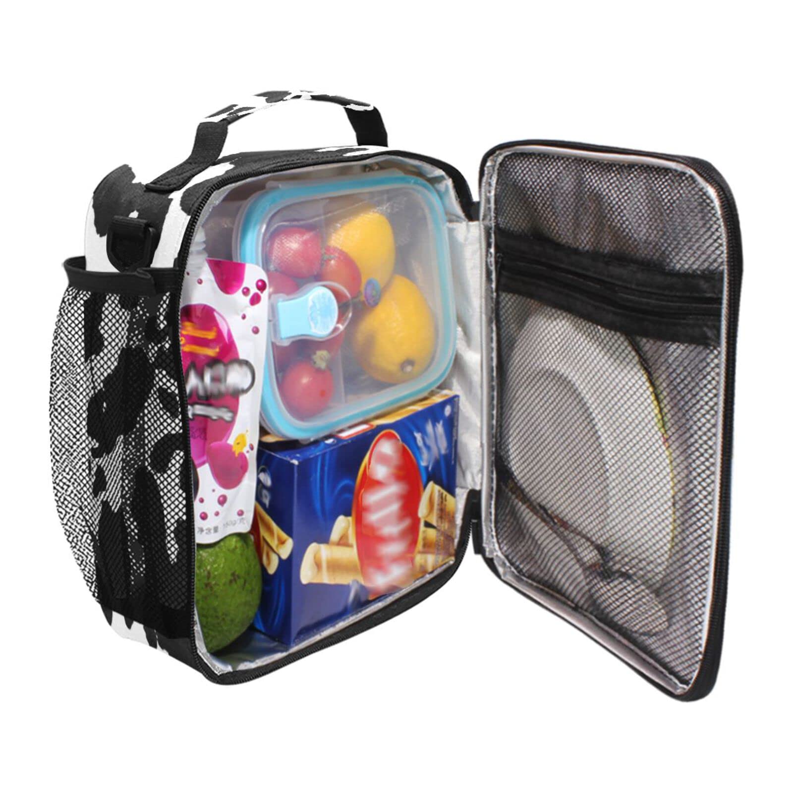 Stylish Black & White Cow Print Insulated Lunch Bag for Women & Men - Leakproof Thermal Cooler Tote with Shoulder Strap - Perfect for School, Office, Work, Picnics & Outdoor Activities