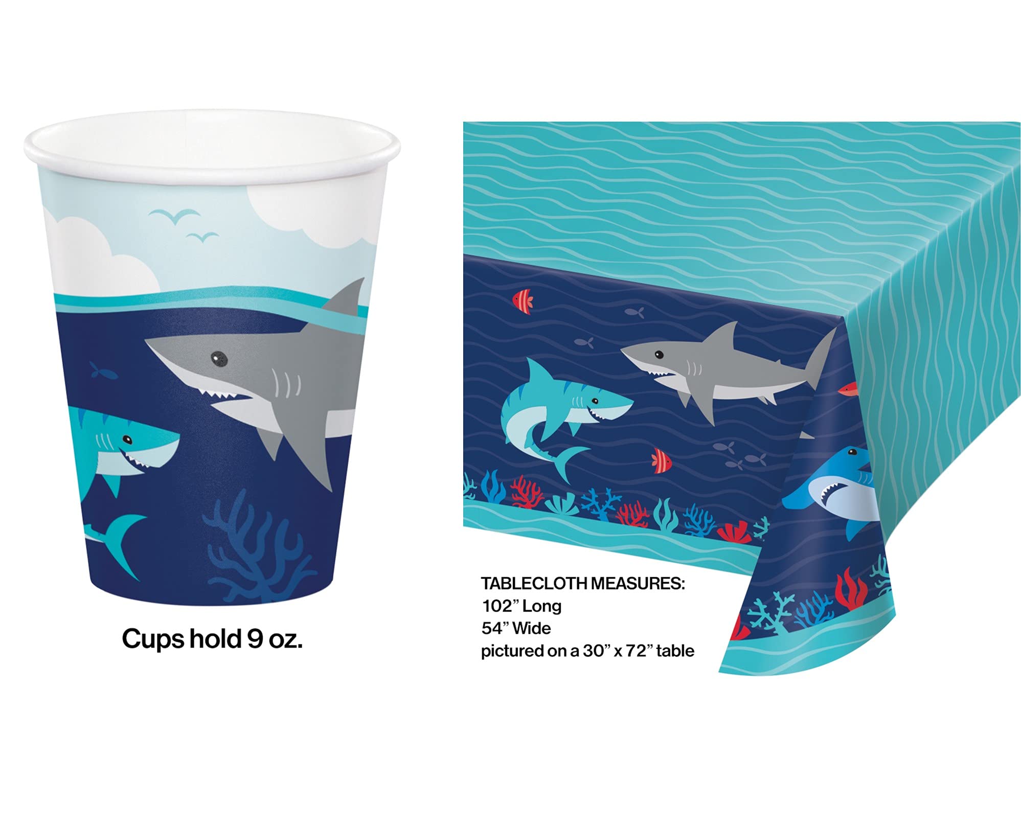 Shark Themed Party Supplies Set - 16-Piece Dinner Plates, Napkins, Cups, Tablecloth, Forks, Decorations & Balloons for Kids Birthday or Ocean Theme Celebration | Perfect for 16 Guests Shark Party Decorations