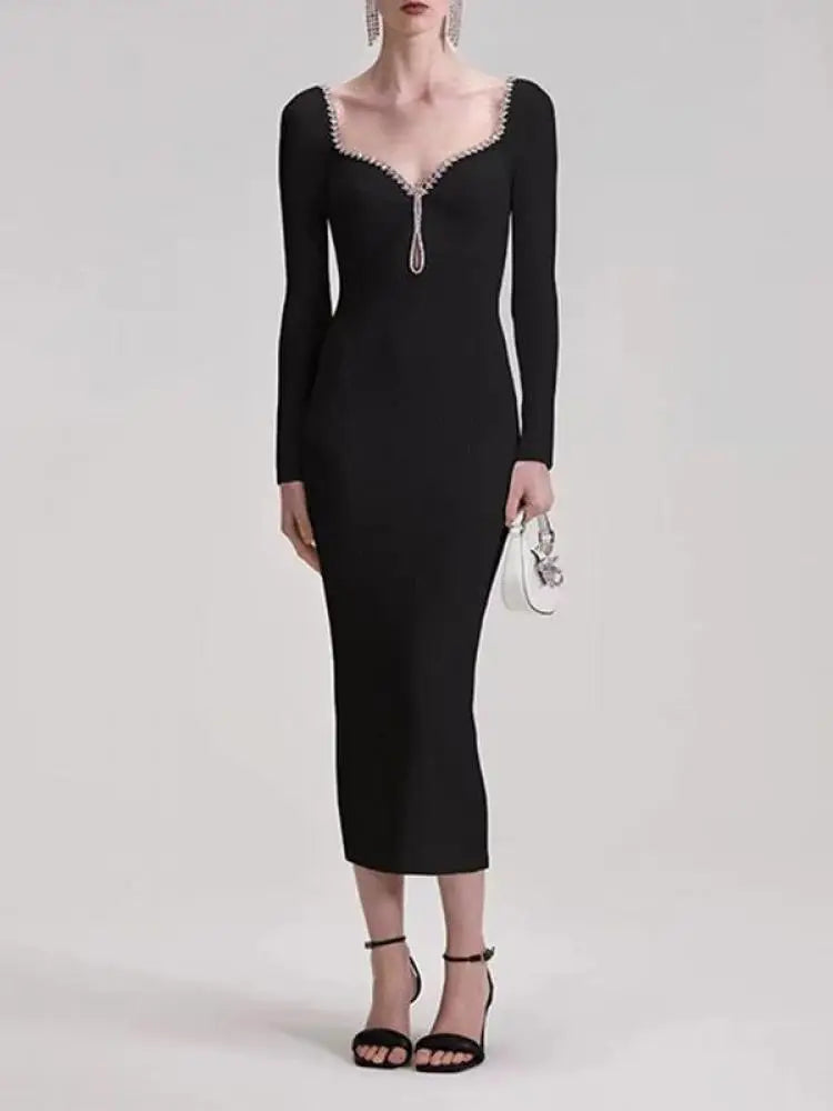 2024 French Square Neck Long Sleeve Knit Dress for Women - Elegant Solid Diamond Office Dress for Autumn Winter | Perfect for Work, Parties & Formal Occasions