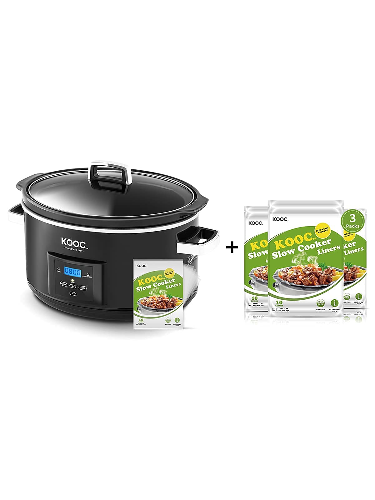 KOOC 8.5-Quart Programmable Slow Cooker with 5 Free Liners + 3-Pack Extra Liners - Digital Temperature Control, Upgraded Pot, Nutrient Preservation - Perfect for Family Dinners, Meal Prep & Holiday Cooking