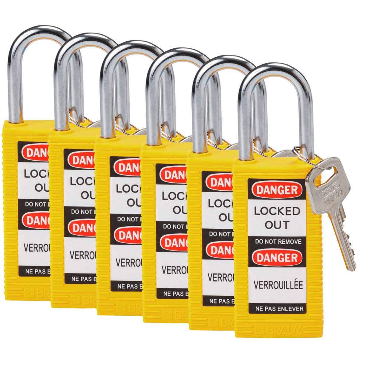 Brady 123426 Nylon Plastic Padlock - Keyed Alike, Yellow (6-Pack) - Secure Lockers, Toolboxes & Storage Units