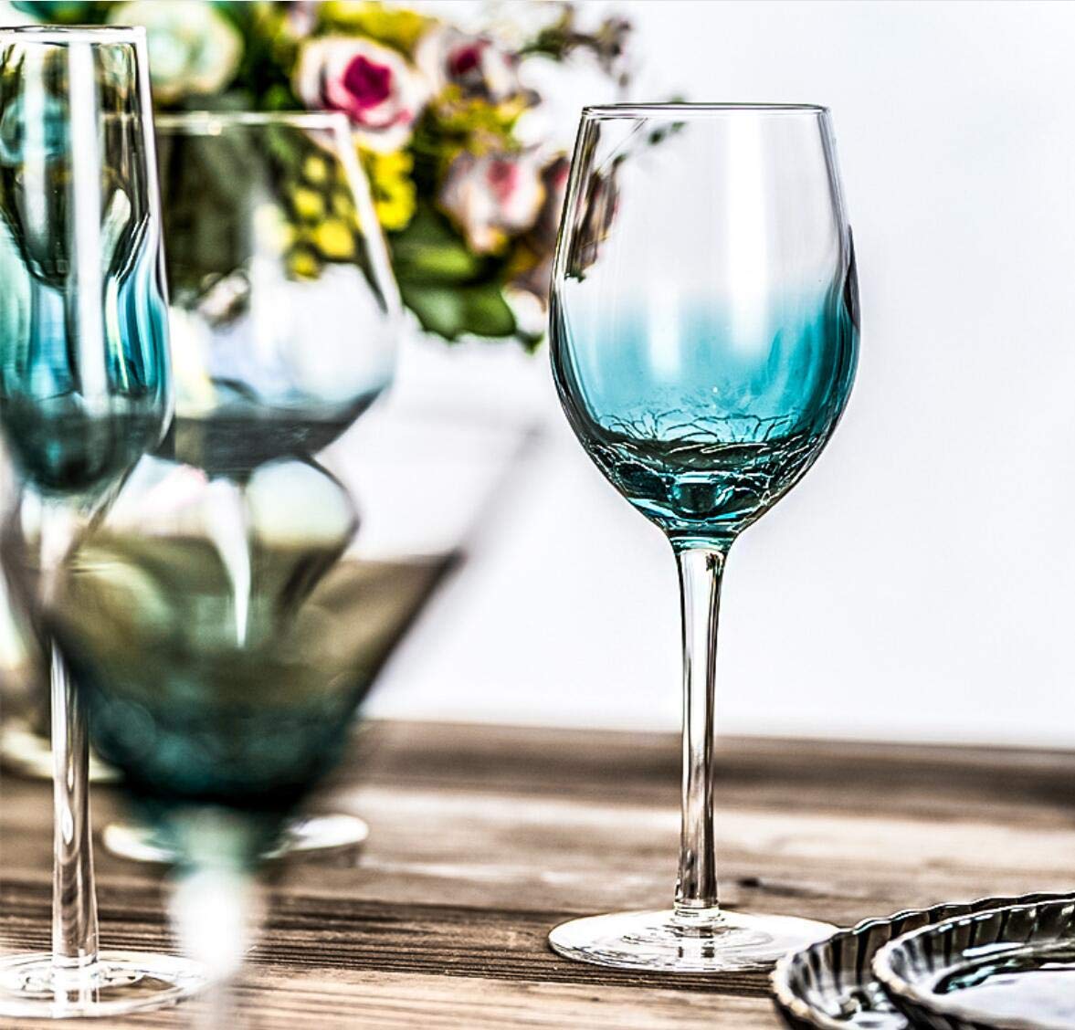 Gradient Blue Crystal Wine Glasses Set - 100% Lead-Free Premium Crystal Ice Cracked Design for Red Wine, Cocktails & Champagne - Perfect for Dinner Parties, Weddings & Romantic Date Nights