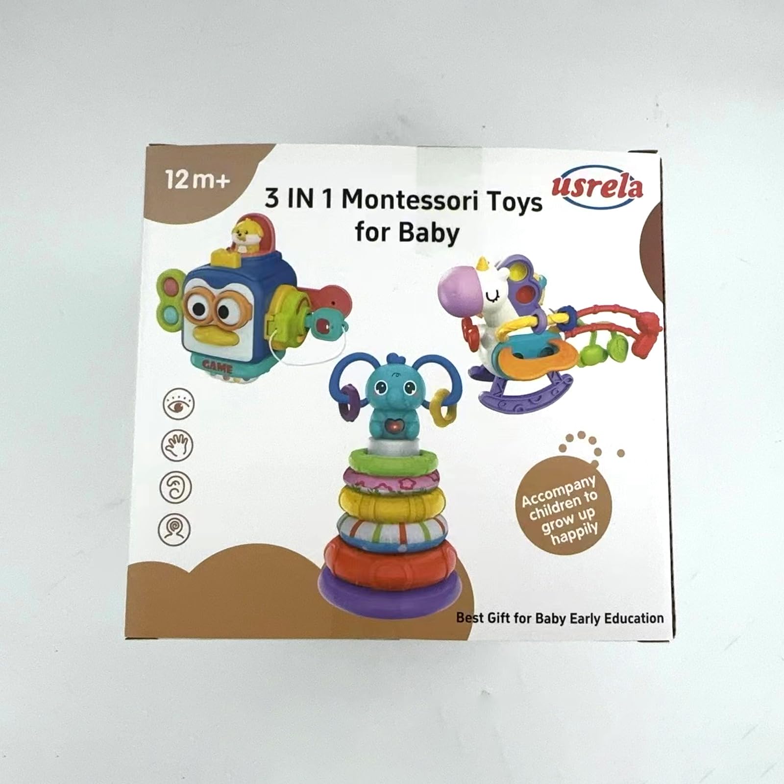 Montessori Toys for 1-3 Year Old Babies - Sensory Busy Board with Pull String Teether & Stacking Blocks - 3-in-1 Travel Learning Toy Gift for Toddlers Boys & Girls - Perfect for Airplane, Car Rides & Early Childhood Development
