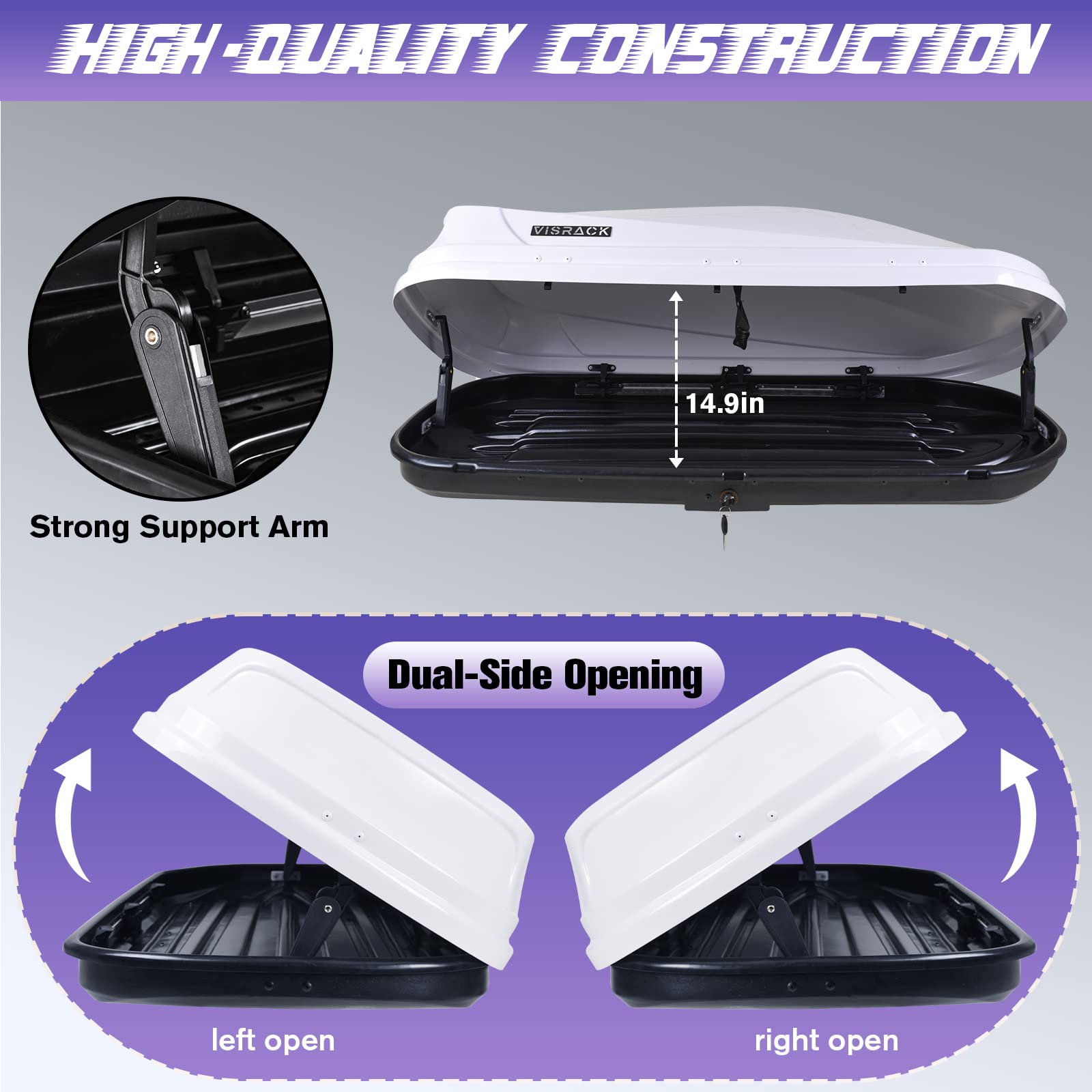 **White 14 Cubic Feet Rooftop Cargo Box - Heavy Duty Waterproof Car Top Carrier with Dual Side Opening, Extra Keys & Straps - Perfect for Travel, Camping & Outdoor Storage**