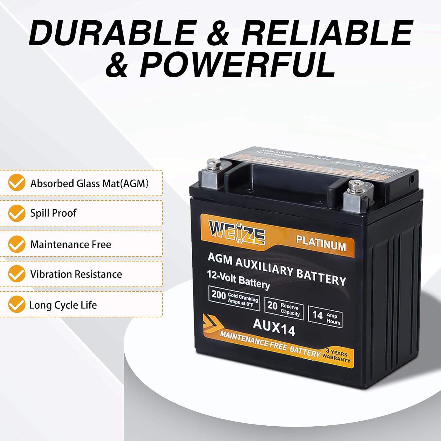 WEIZE Wise Series AGM AUX14 Auxiliary Battery - BCI Group 400, 200CCA Deep Cycle Battery for RV, Boat, Off-Grid & Solar Power Systems - Reliable Backup Power Solution